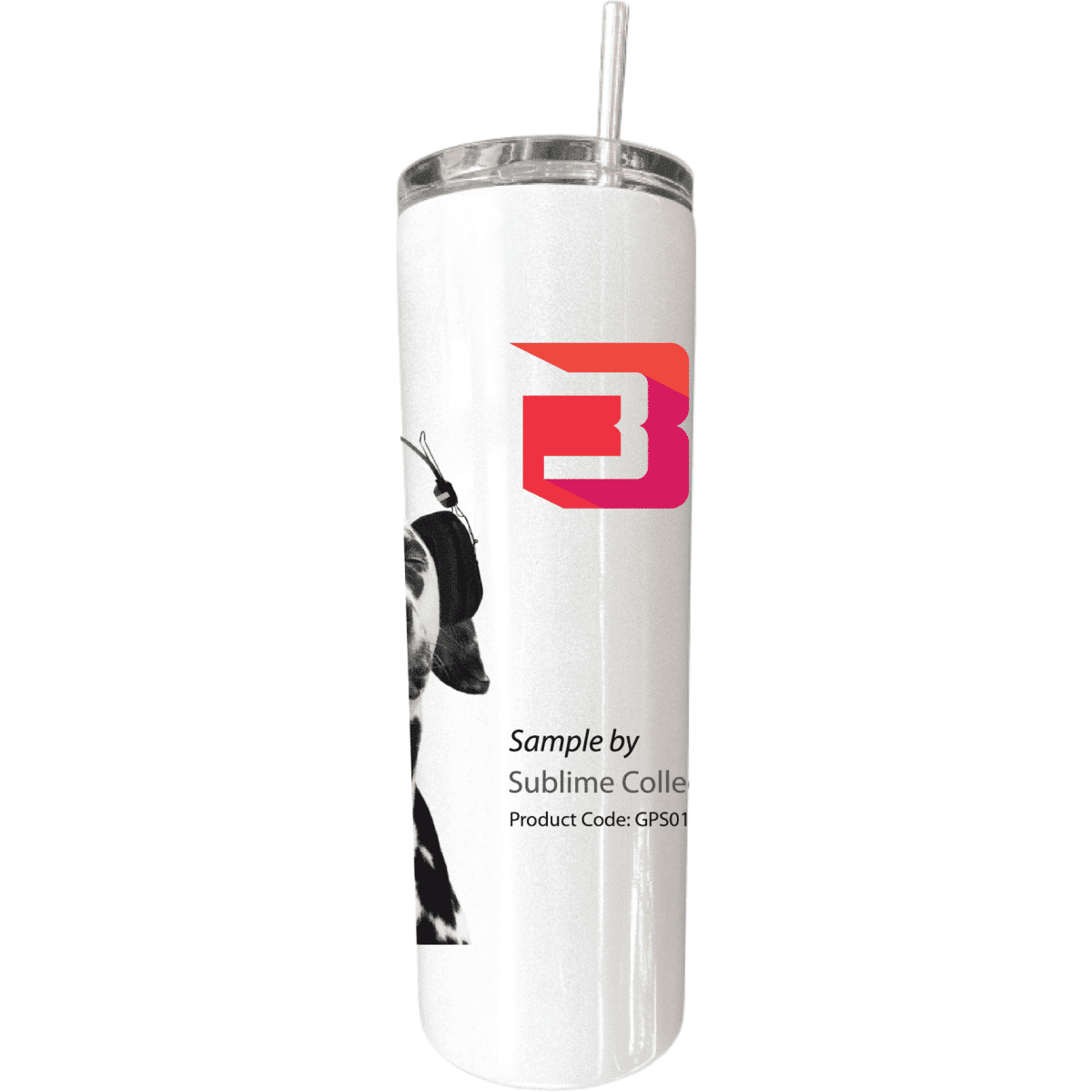 A drink bottle featuring a white stainless steel design, a straw, and a branding logo.