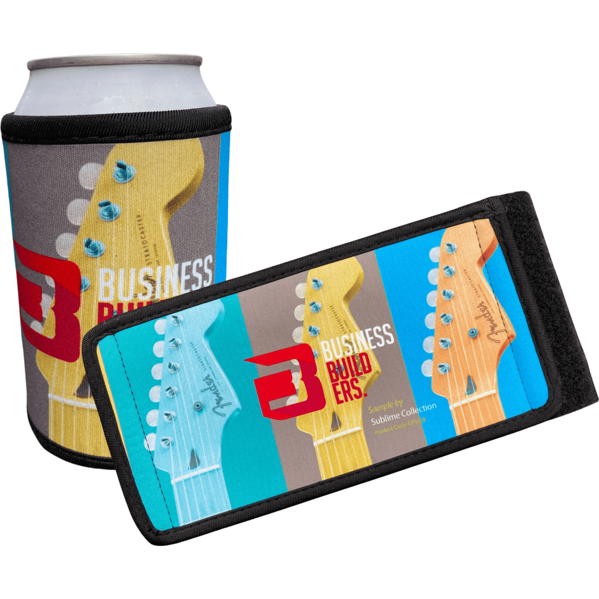 A stubby holder with a black trim featuring a vibrant, full-colour design of guitar necks and a logo.