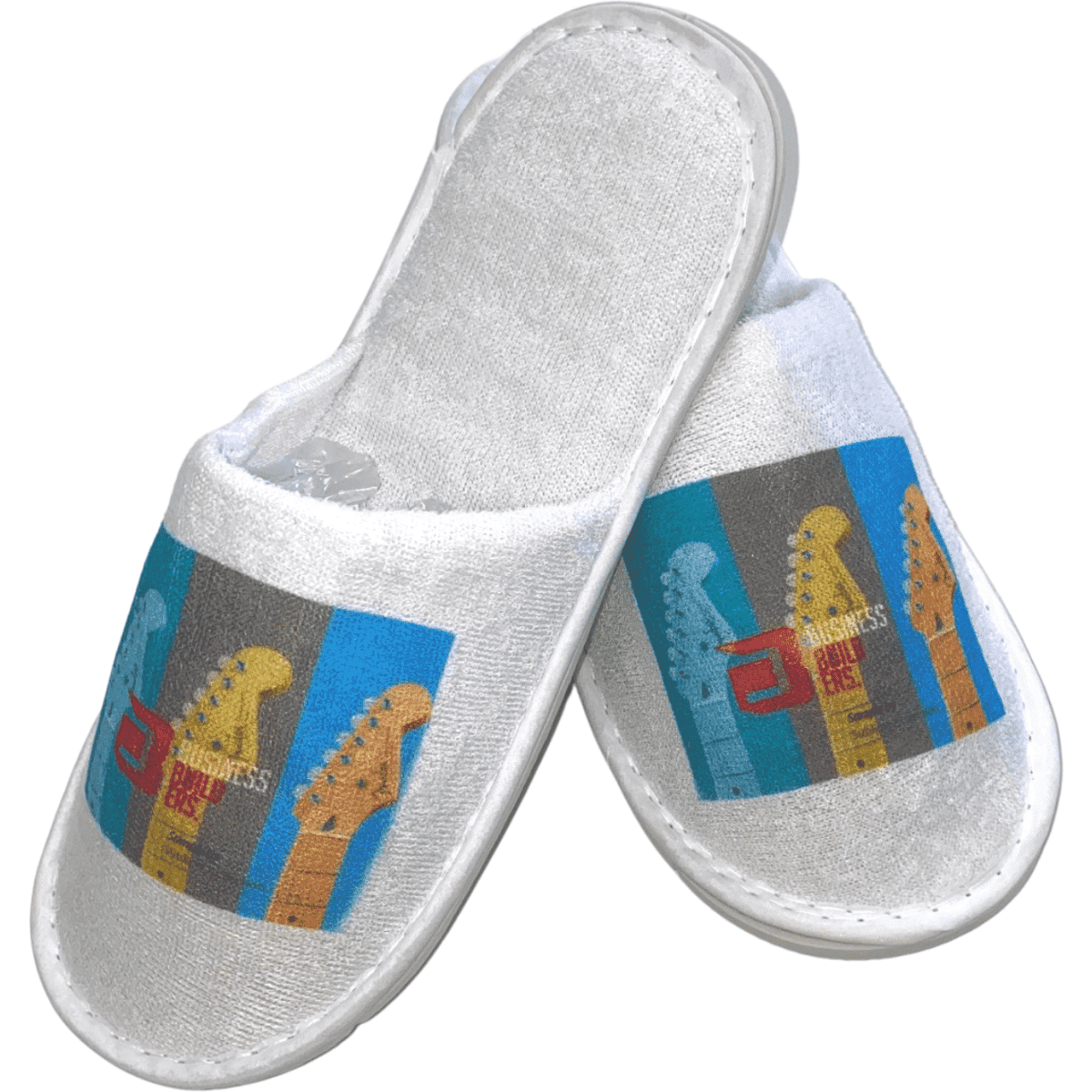 A pair of white slippers featuring a full-colour logo with guitar designs.