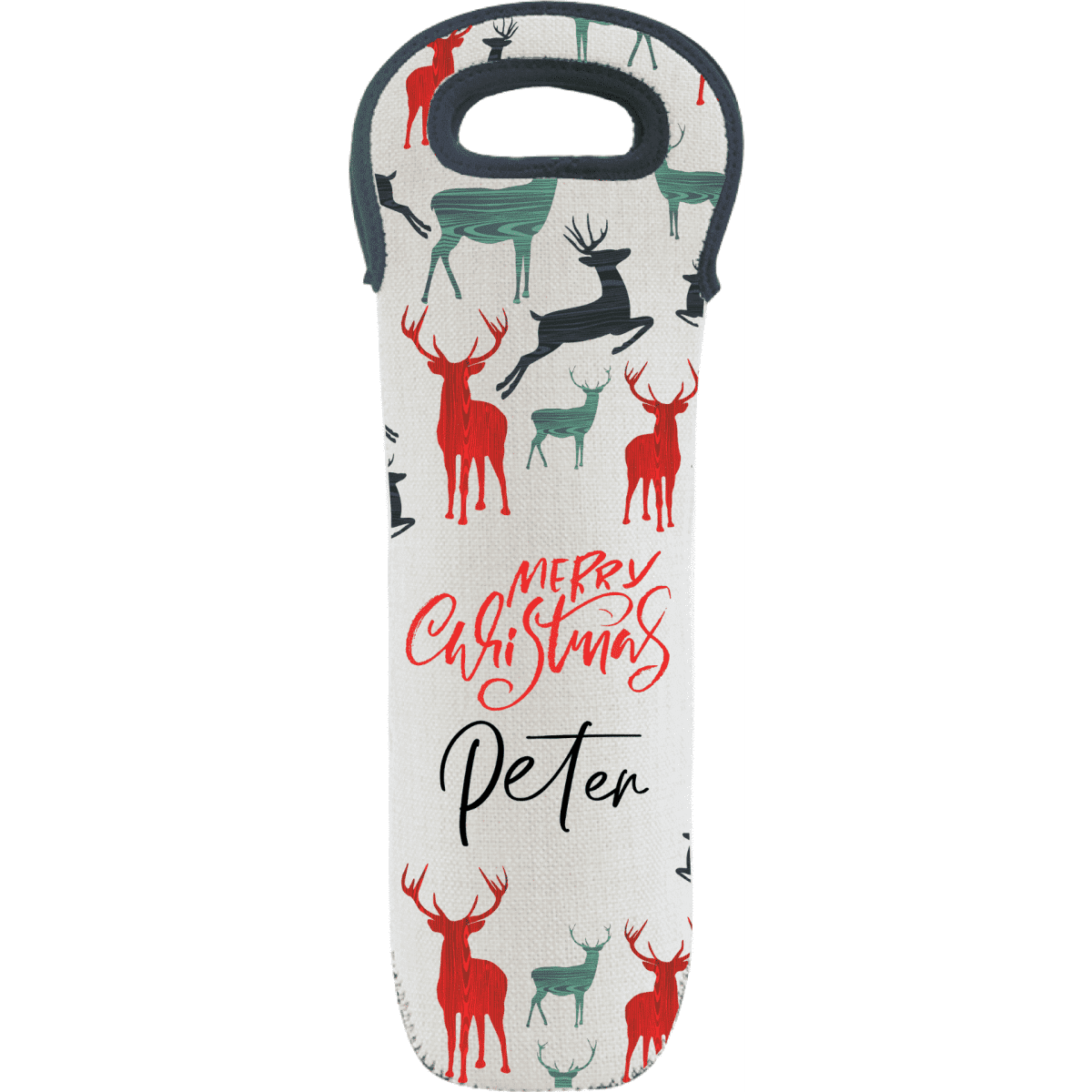 A drink bottle insulated bag in white with festive reindeer patterns in red and green, featuring a handle and branding.