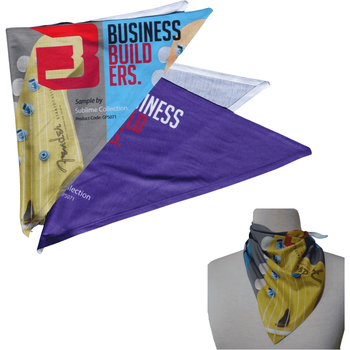 A triangle bandana featuring multiple colours and designs, displayed on a mannequin neck, with a logo present.