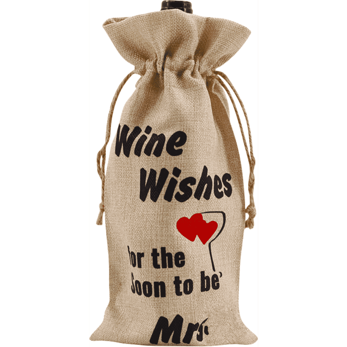 A wine bottle drawstring bag in faux burlap, featuring a logo and printed designs in black and red.
