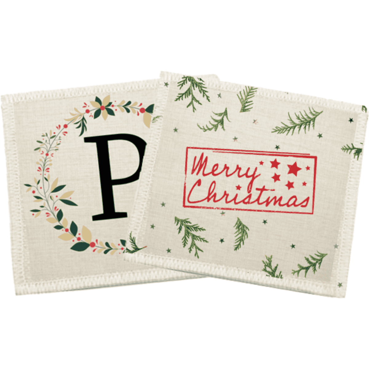 Two linen coasters, featuring festive designs with greenery, a letter 'P', and "Merry Christmas" text on a beige background.