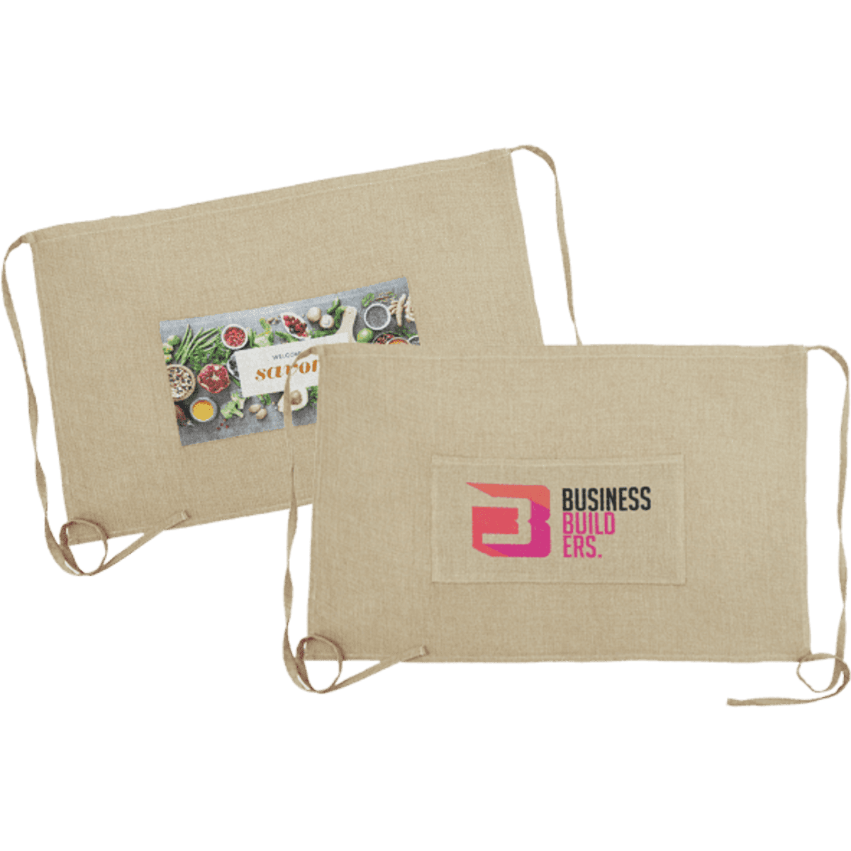 A faux burlap waist apron in beige featuring a pocket and logo, with ties on both sides.