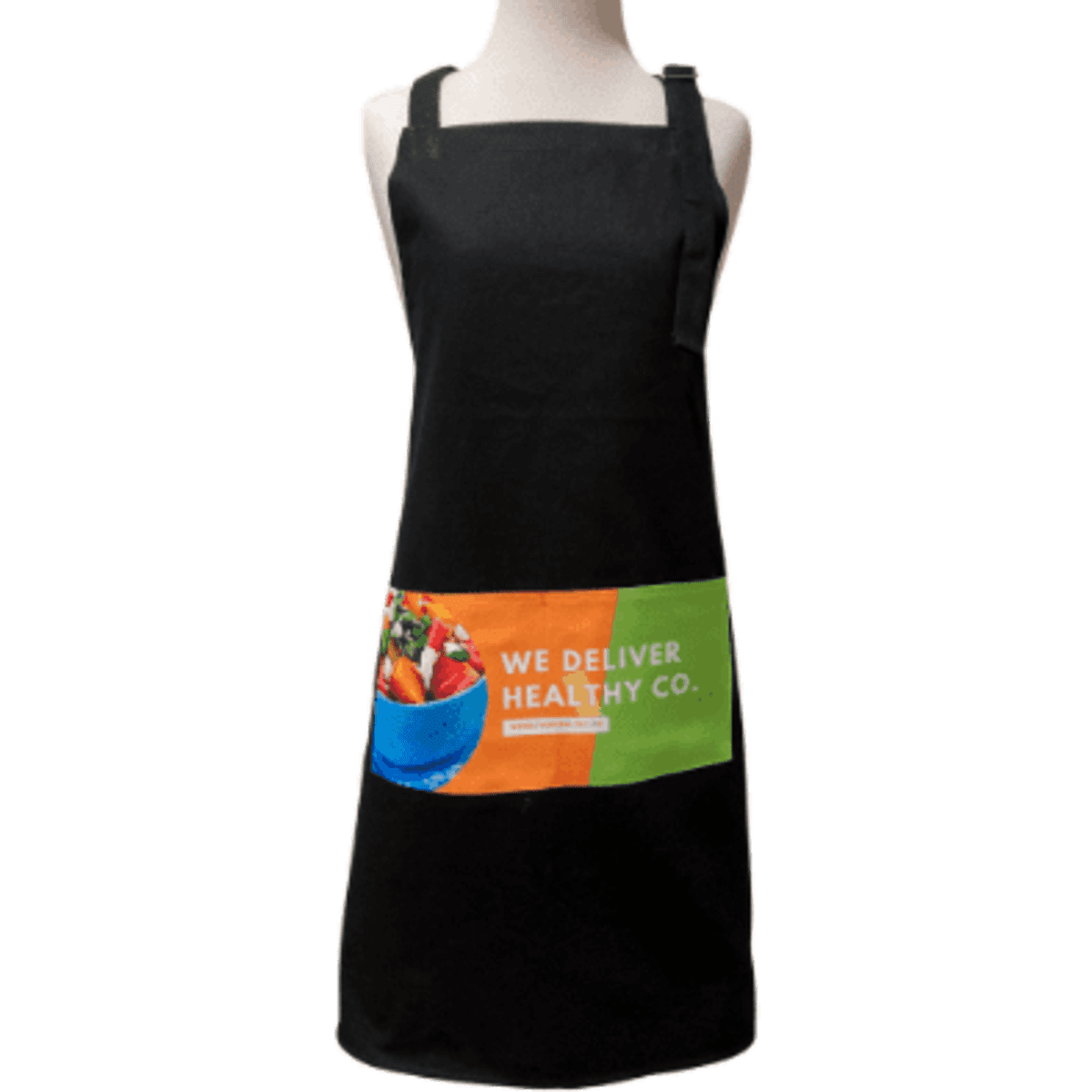A black cotton apron featuring a colourful logo on the front, designed for adults and bulk packed.