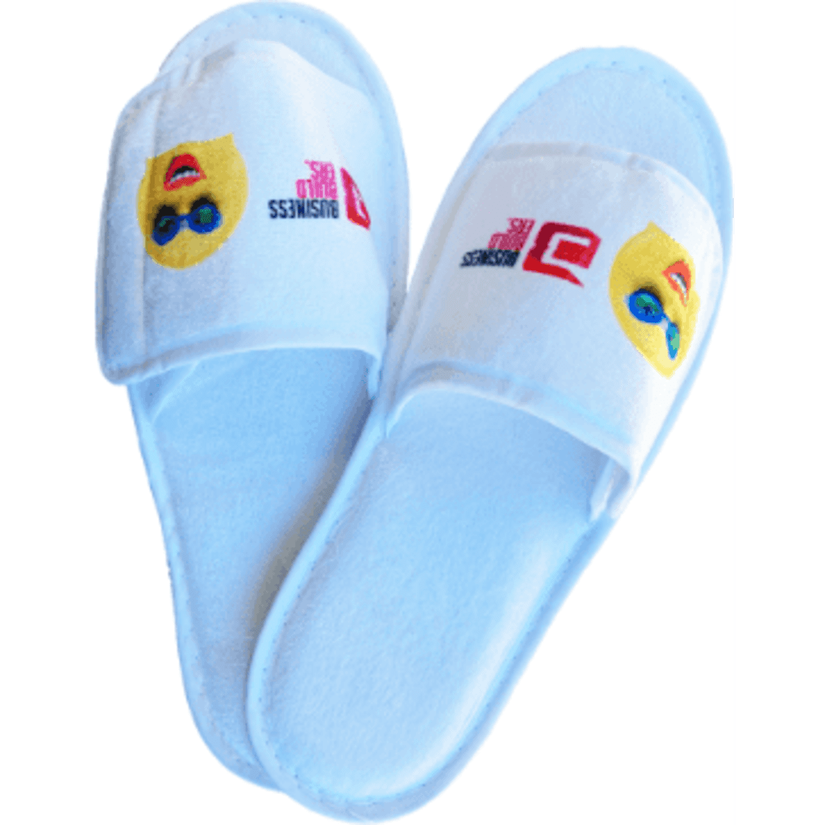 A pair of white Velcro slippers featuring a full-colour logo on the sides.