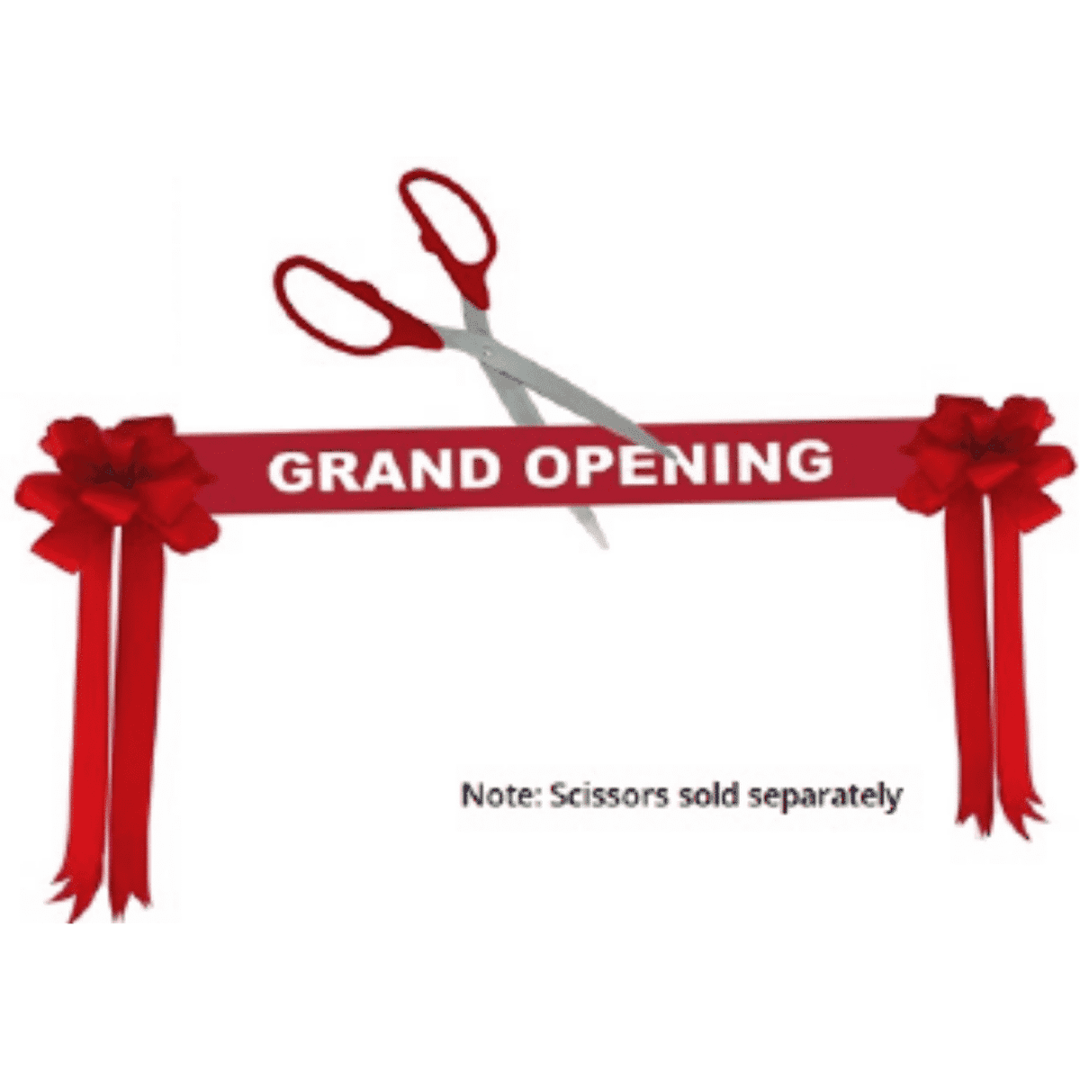 A red ribbon for grand openings, featuring two bows and scissors, with a logo on the design.