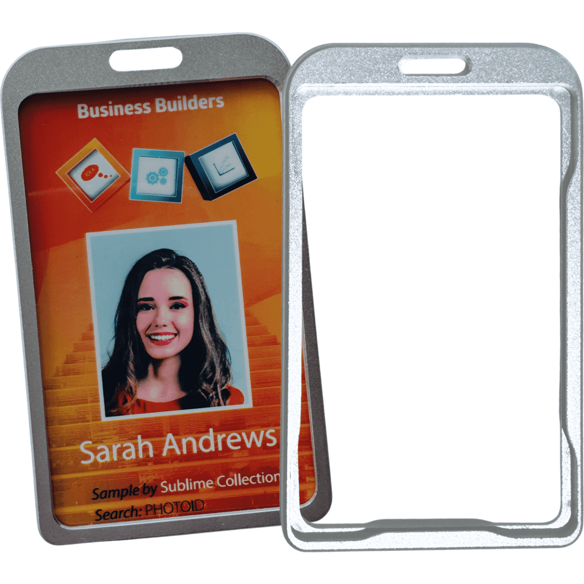 A rigid aluminium ID card holder in silver, featuring a clear PVC cover and a slot at the top for attachment.