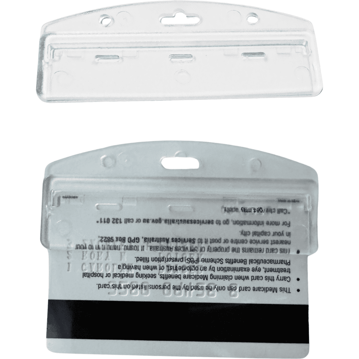 A clear, rigid multi-grip ID card holder with slots for attachment and a black lower section.