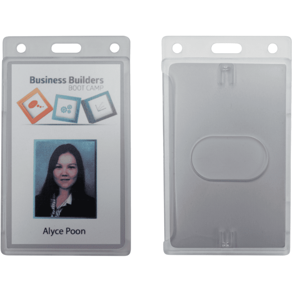 A frosted plastic card holder in portrait orientation, featuring a clear front and back with a logo.
