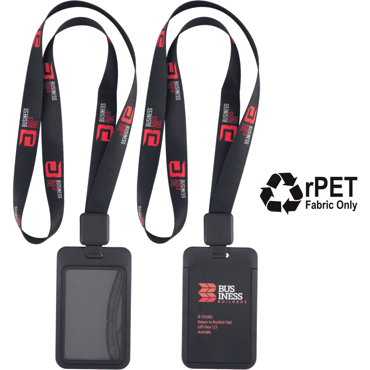 A black lanyard with a retractable ID holder on one side, featuring a logo and made from rPET fabric.