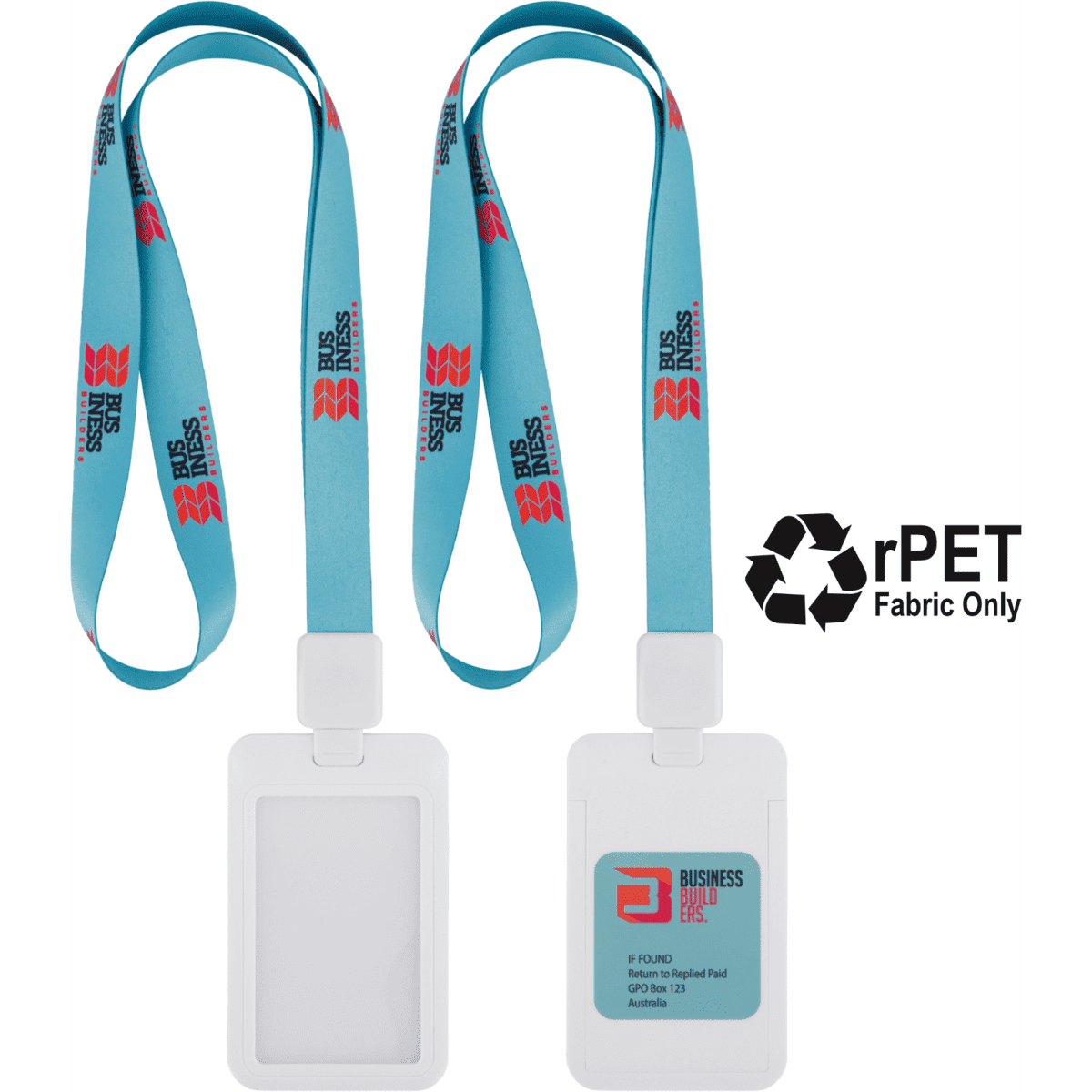 A lanyard with a turquoise strap featuring a logo, paired with a white ID holder on one side.