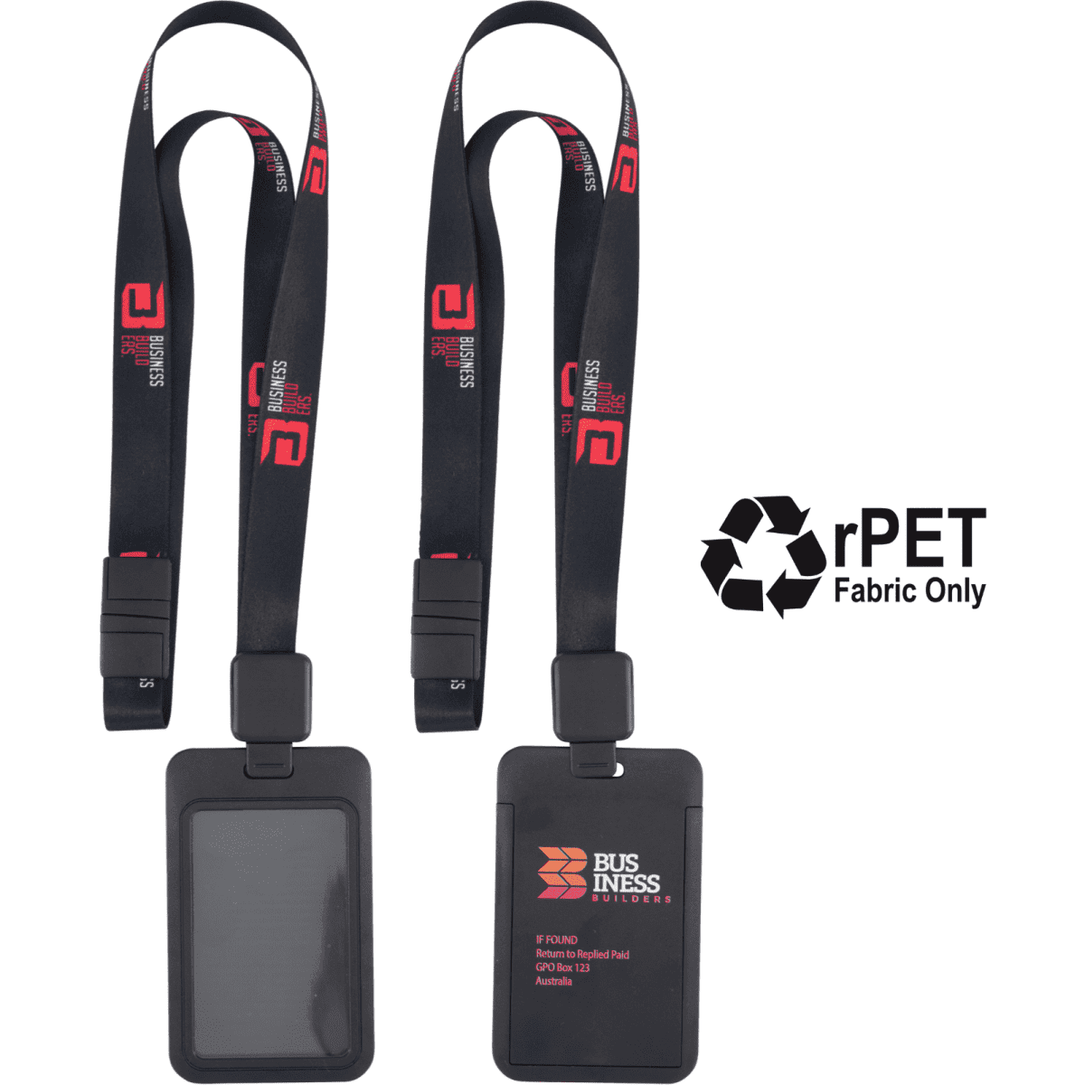 A black lanyard with a retractable ID holder, featuring a logo and made from rPET fabric.