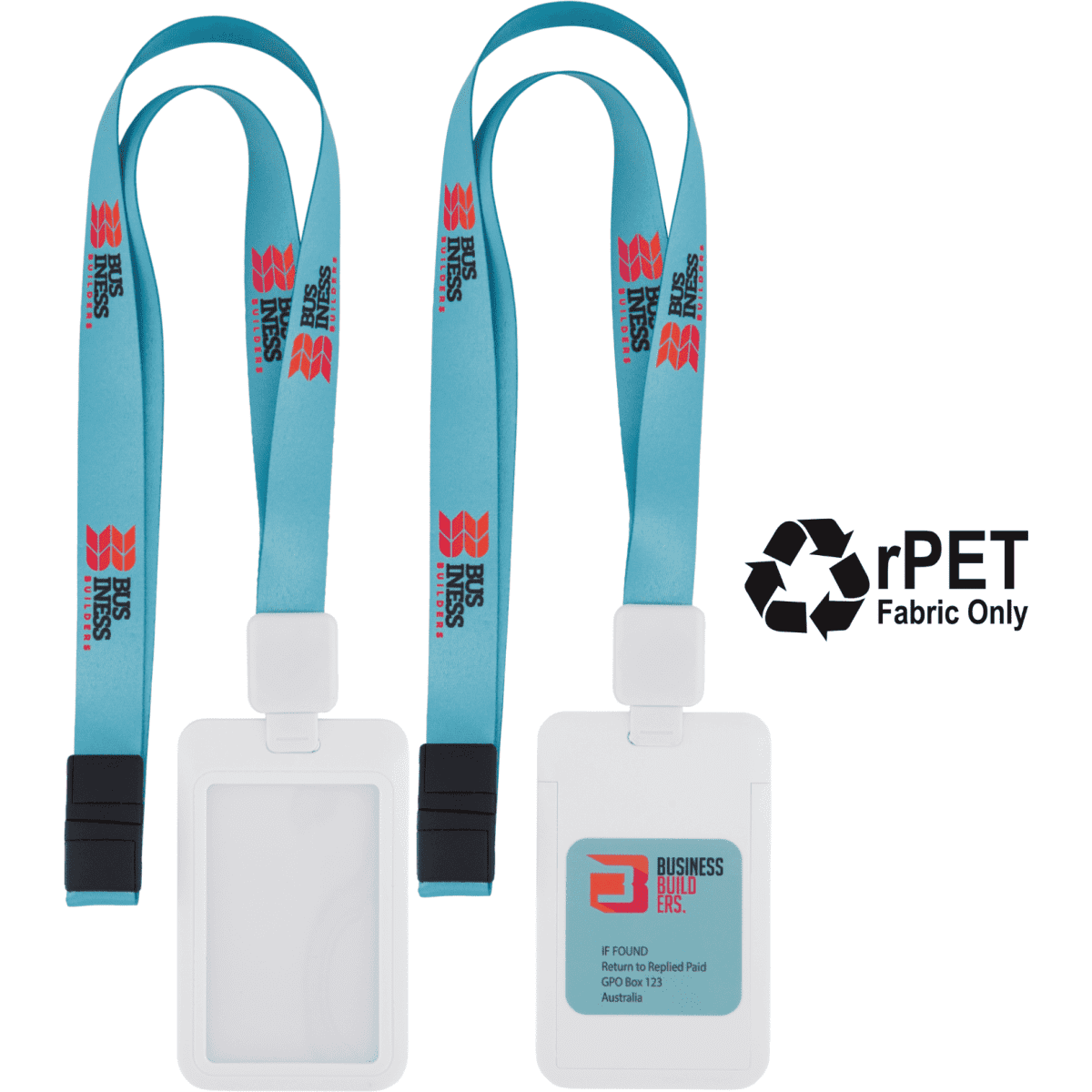A turquoise lanyard with a white ID holder, featuring a branding logo. The holder includes one side for displaying an ID.