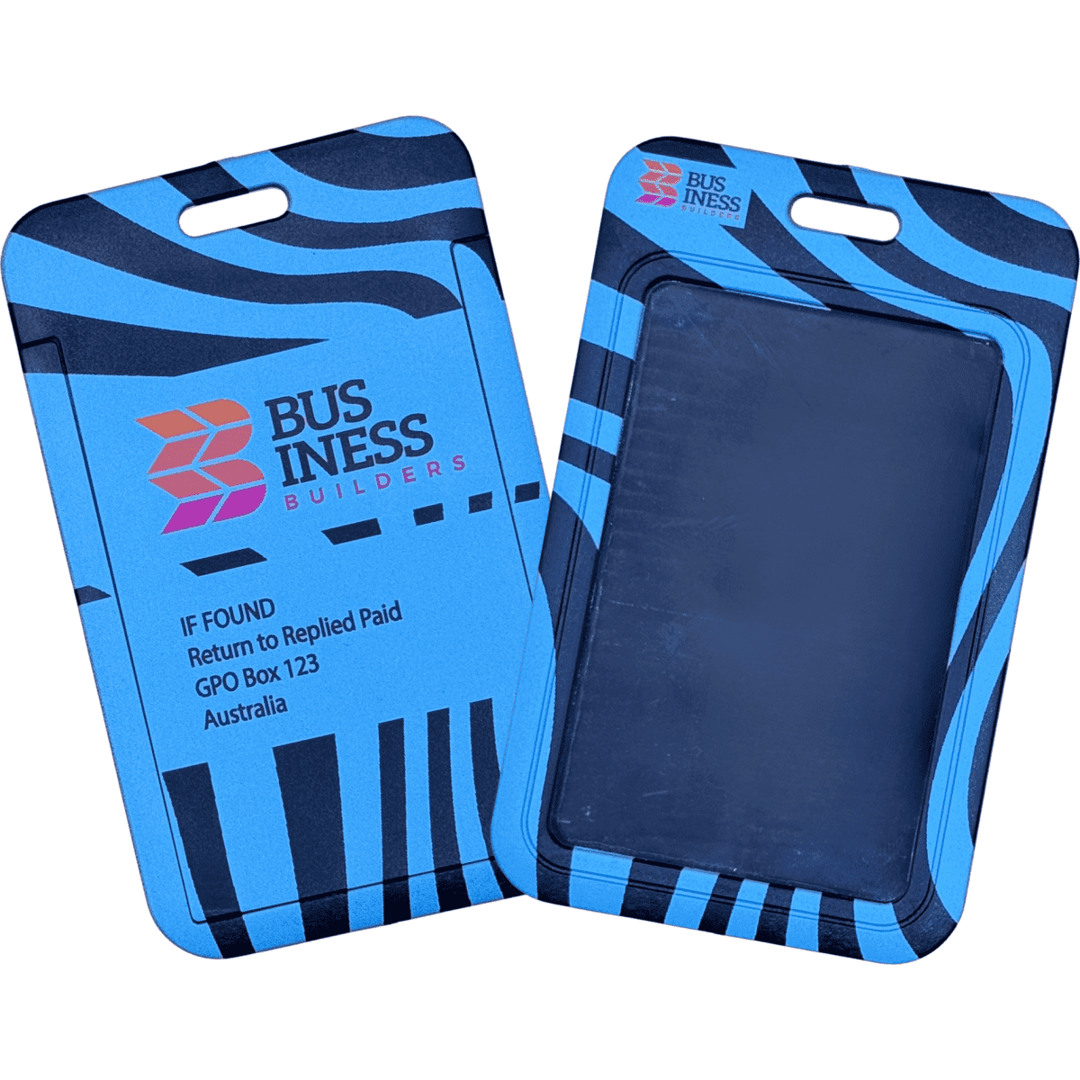 A premium plastic ID holder in blue and black, featuring a logo and designed for portrait orientation on both sides.