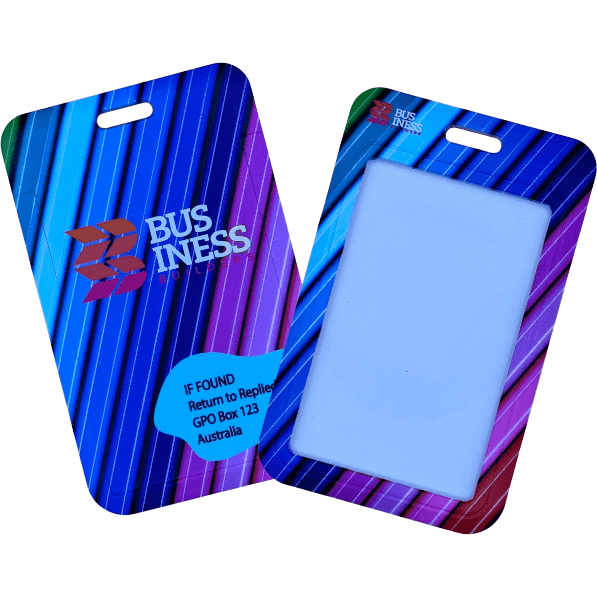 A premium plastic ID holder in vibrant blue and purple stripes, featuring a logo and a blank space for identification.