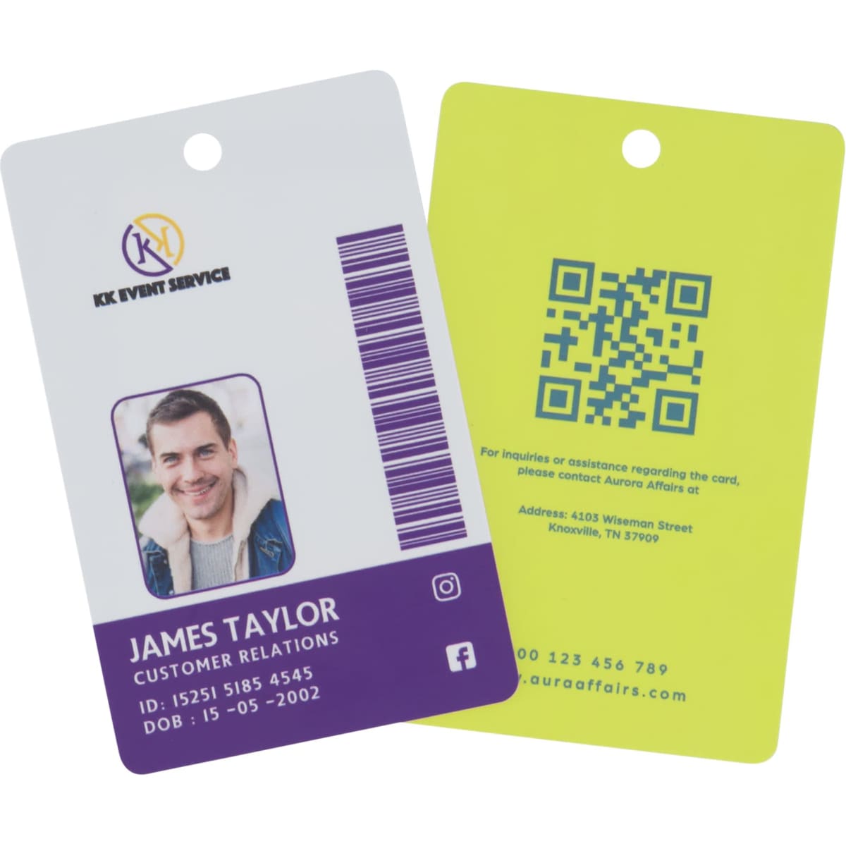 A double-sided photo ID card in grey and green, featuring a hole for attachment and a barcode.