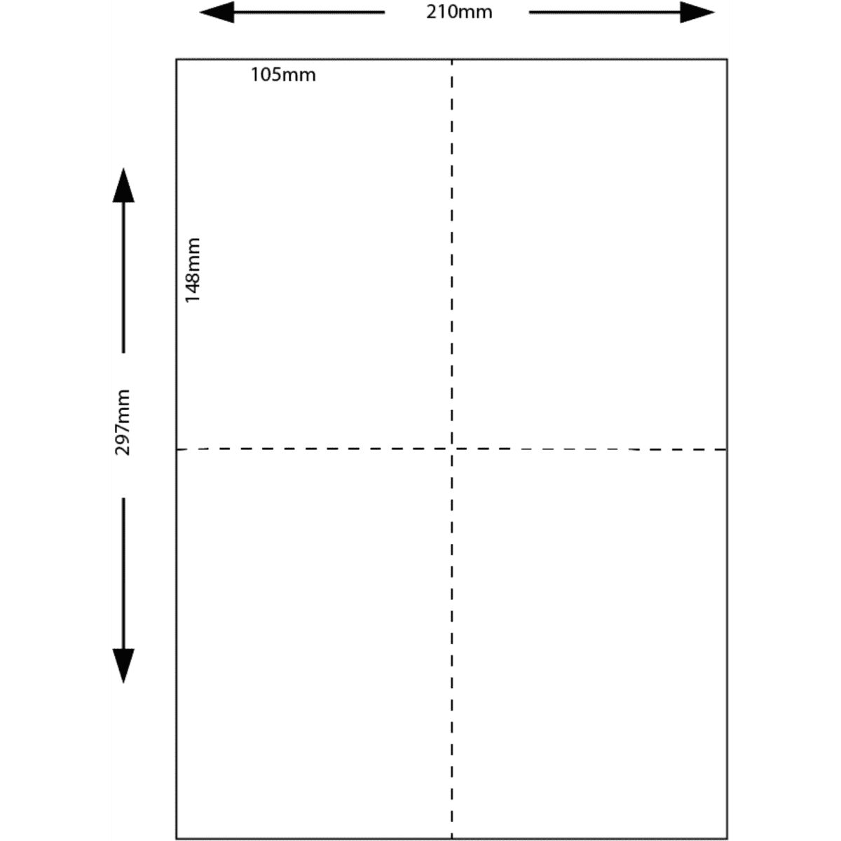 A white sheet of paper measuring 105 x 148 mm, with a grid pattern for printing name tags.