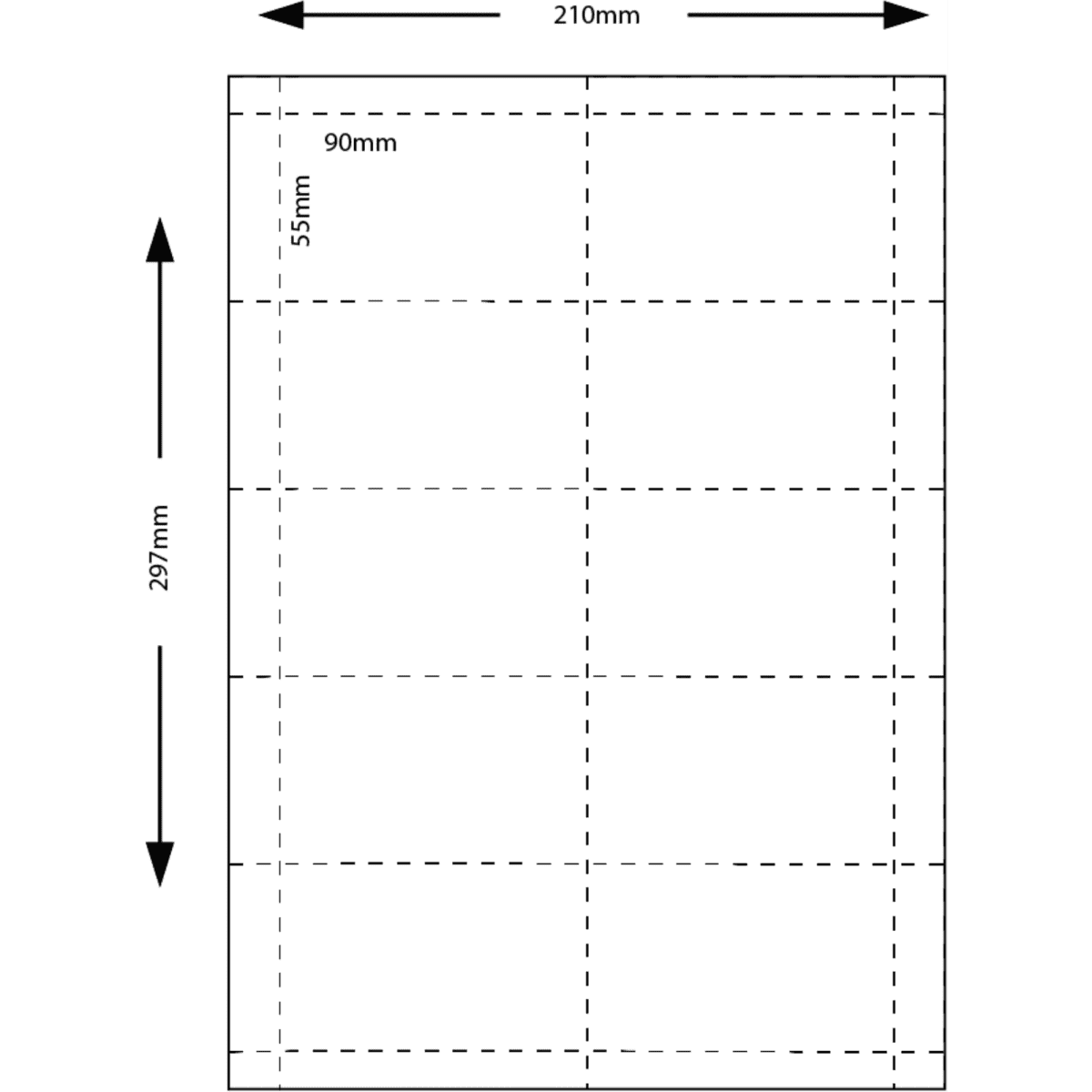 A sheet of blank name tag inserts, white in colour, measuring 90 x 55mm, with ten per sheet and dimensions indicated.