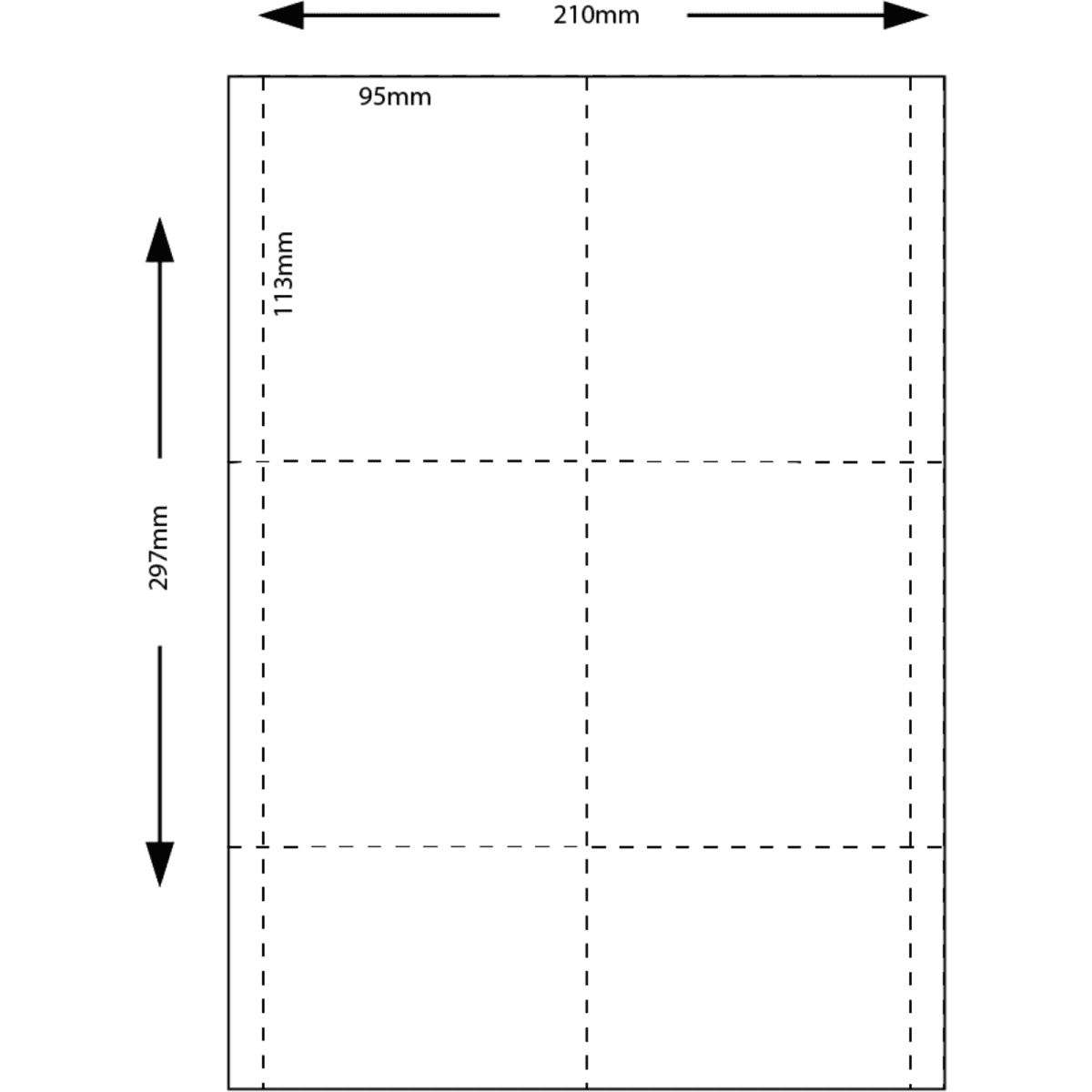 A white sheet featuring a grid layout for name tag inserts, sized 95 x 113mm, with dimensions of 210 x 297mm.