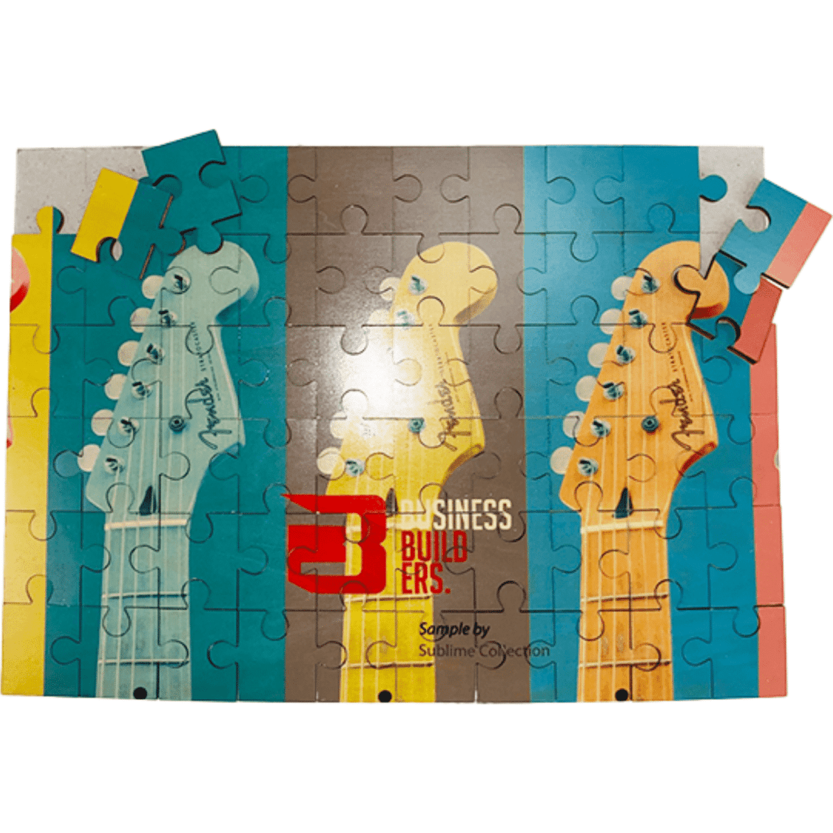 A jigsaw puzzle with a design featuring colourful guitar headstocks, 30 pieces in total, and a branding logo present.