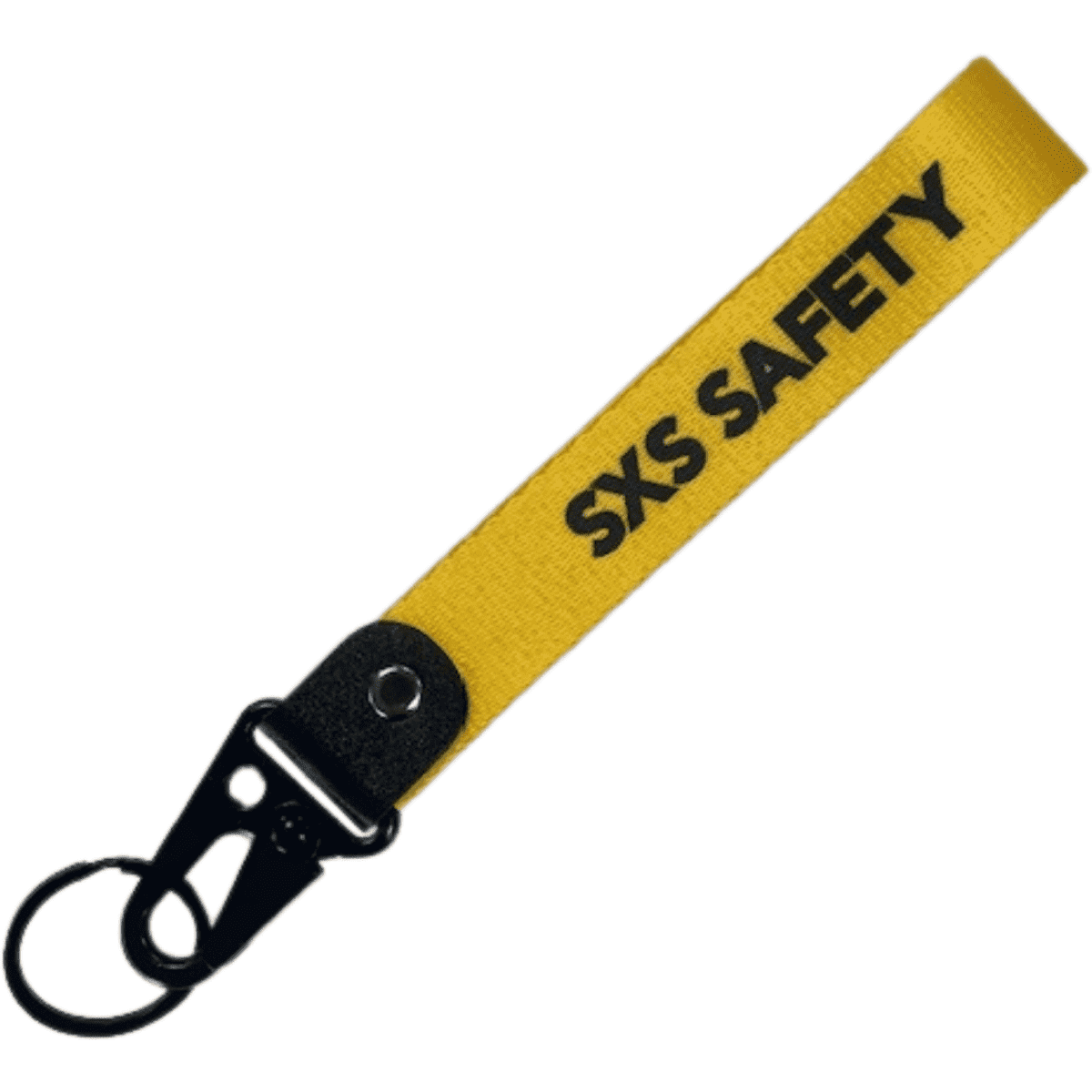A yellow key fob wrist strap lanyard with a black clip and branding on the strap.