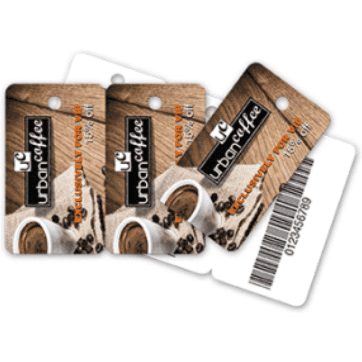 A set of small plastic key tags in full colour, featuring a logo and images of coffee cups and beans.