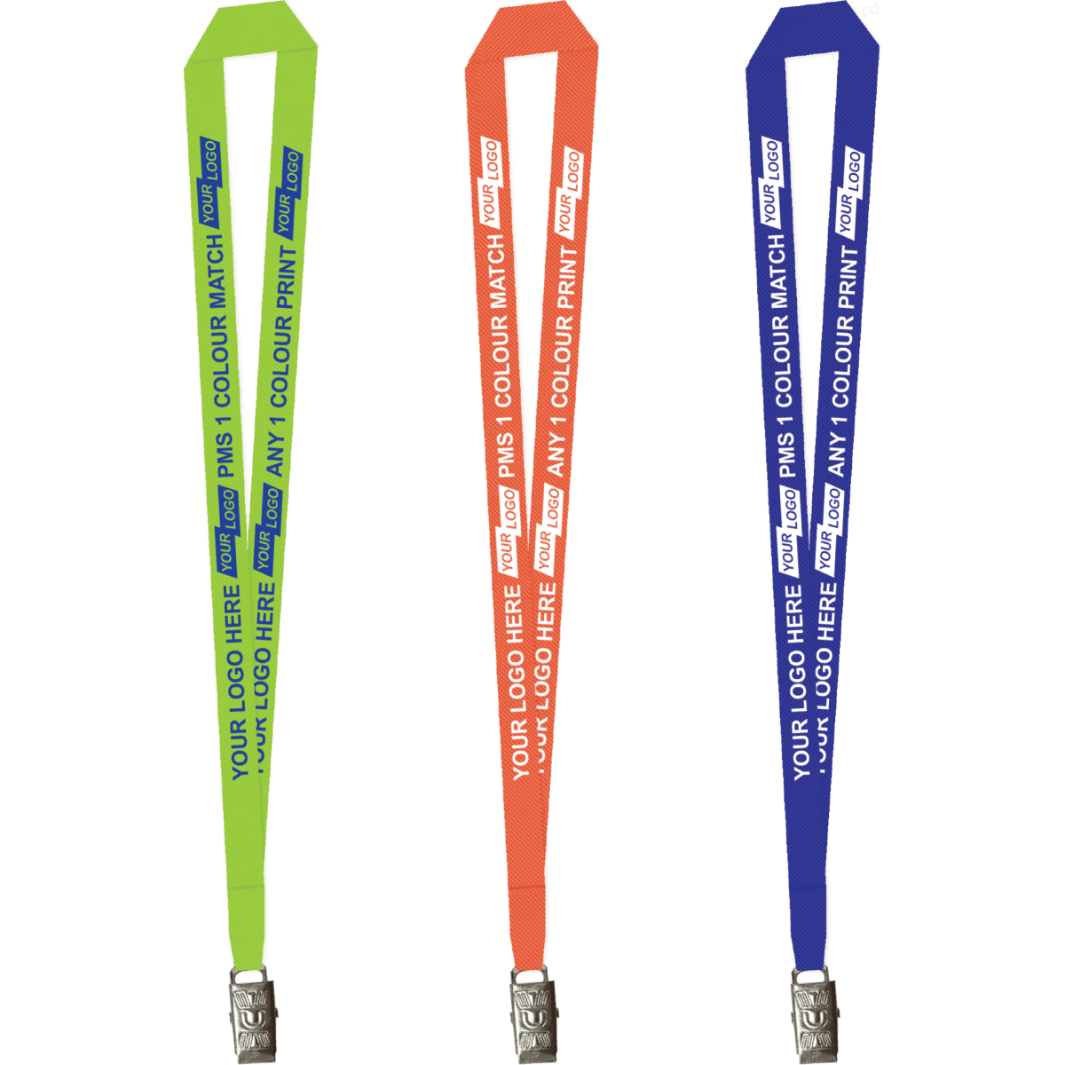 Three polyester lanyards in green, orange, and blue with alligator clips and space for branding.