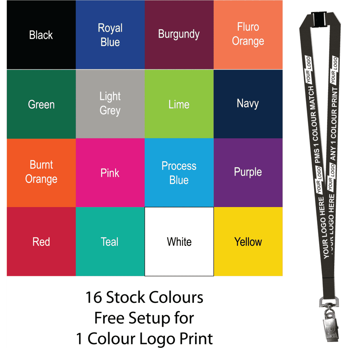 A selection of lanyard colours including black, navy, red, and purple, with a logo display.