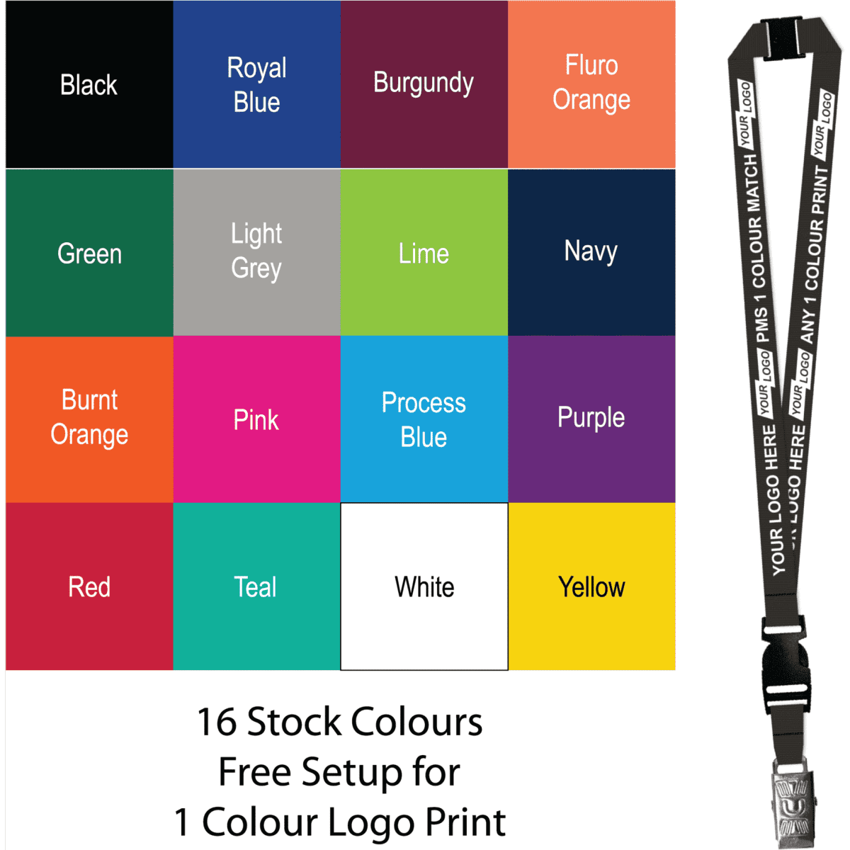 A screen printed lanyard featuring a one-sided design, available in various colours with a branding logo.