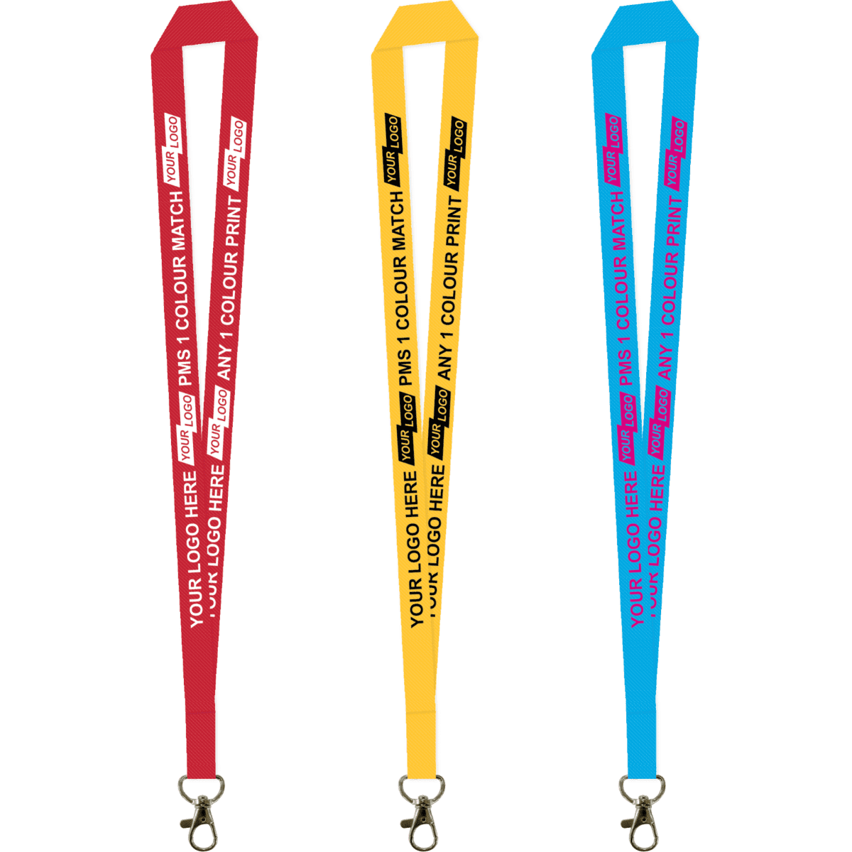 Ribbed lanyards in red, yellow, and blue with carabiners, featuring space for logos and screen printing.