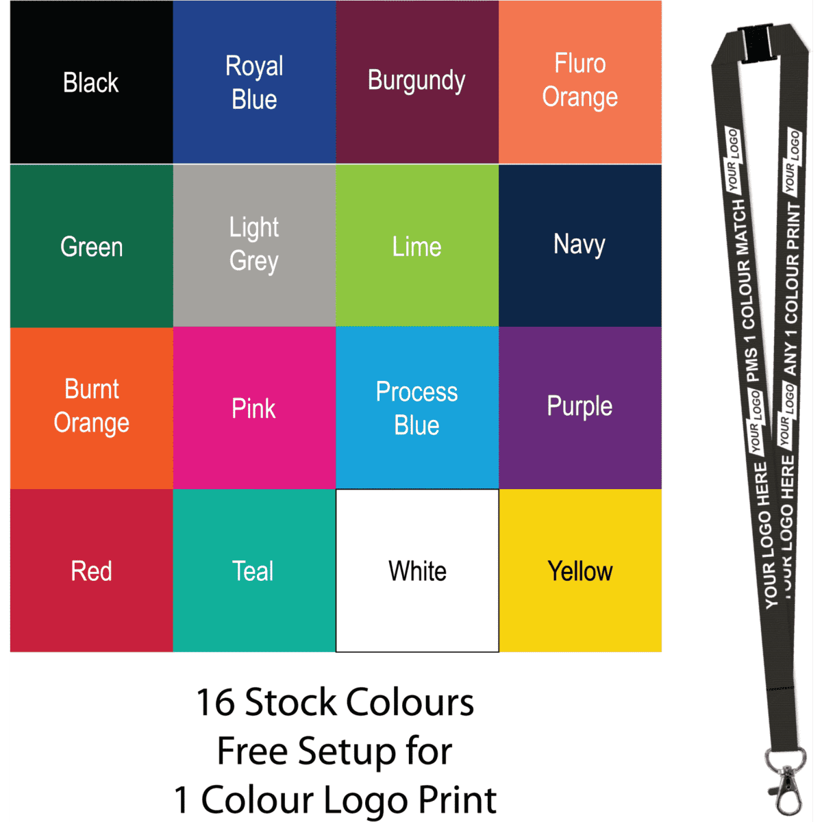 A selection of 16 colour swatches alongside a screen printed lanyard with a carabiner, designed for custom logo printing.