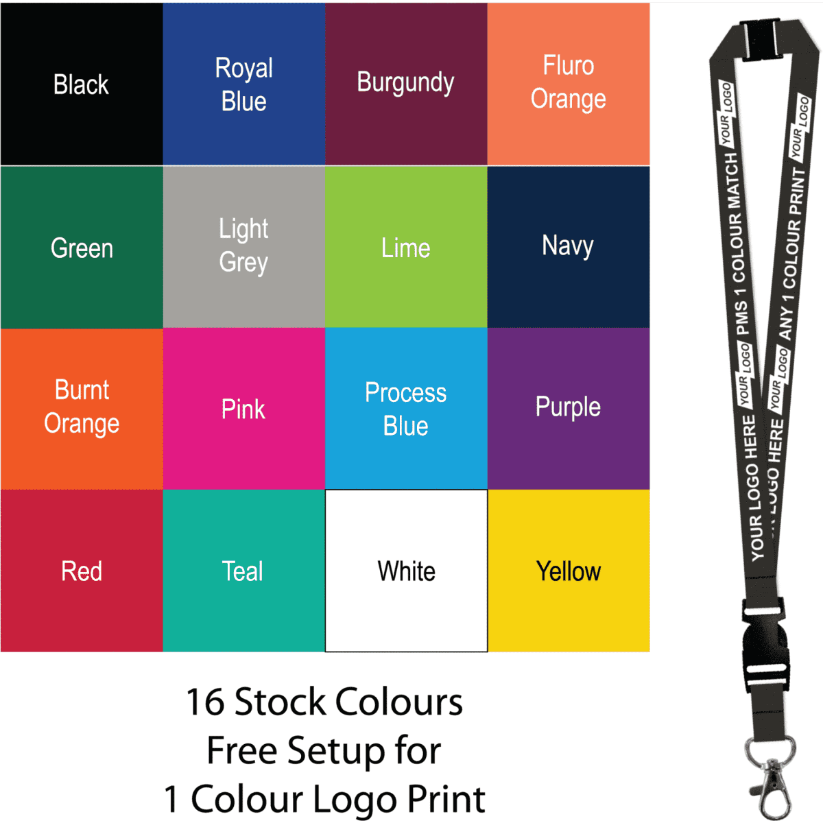 A promotional lanyard with a carabiner, featuring a range of 16 stock colours for custom printing.