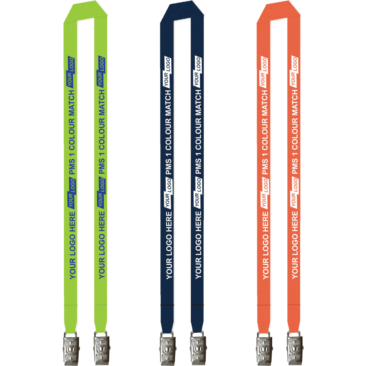 A collection of three lanyards in green, navy, and orange, featuring a logo space and alligator clips.