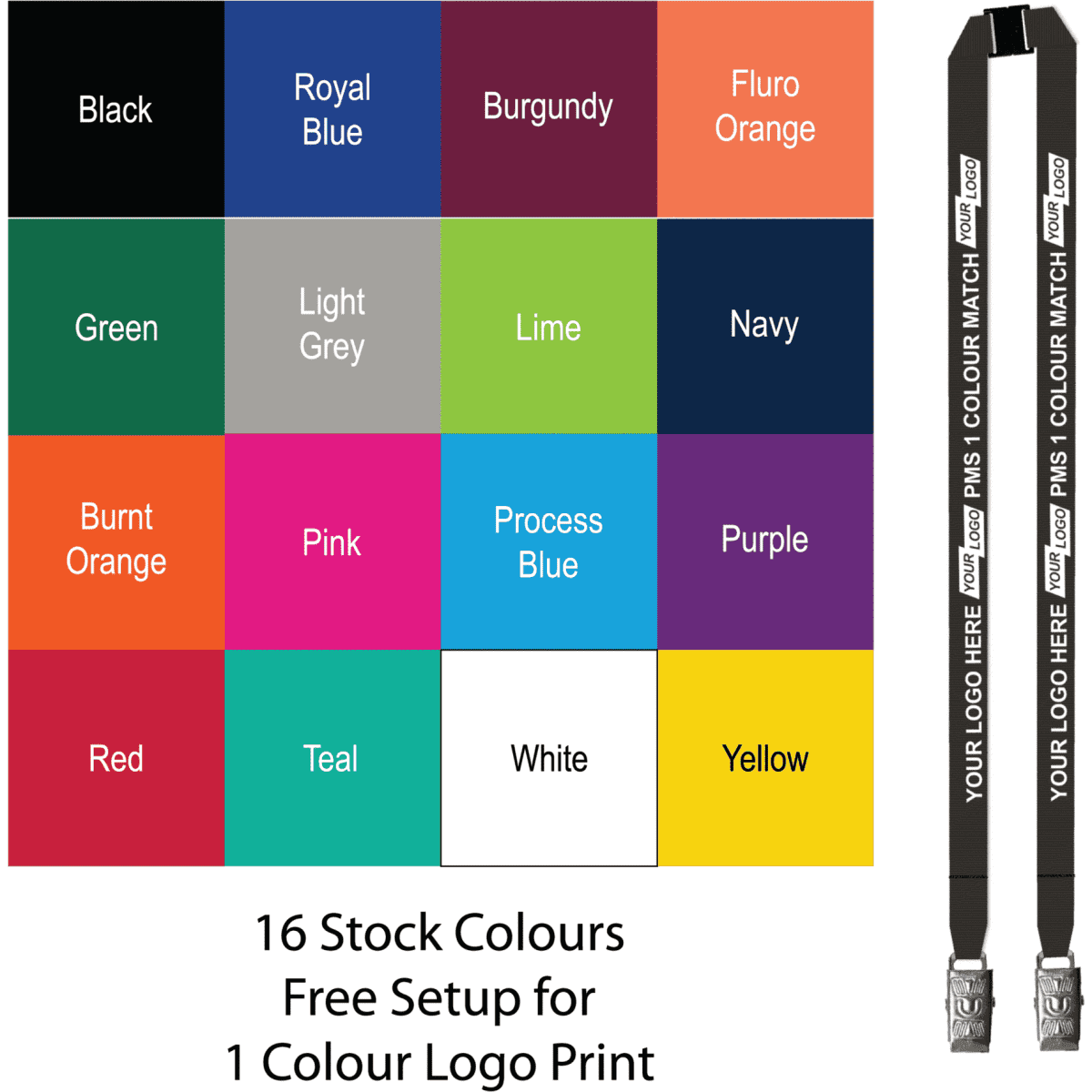 A selection of 16 coloured lanyards including black, burgundy, and fluro orange, alongside two printed lanyards with clips.