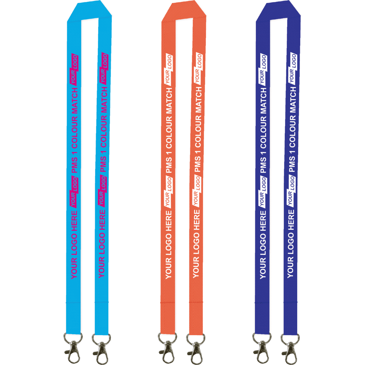 Four lanyards in blue, orange, and purple, featuring a logo and double carabiners. Each is 20mm wide and made of polyester.
