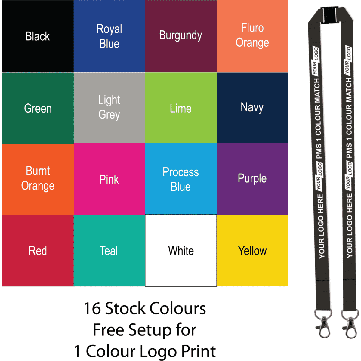 A selection of 16 stock colours for screen printed lanyards, including options like black, royal blue, and fluro orange.