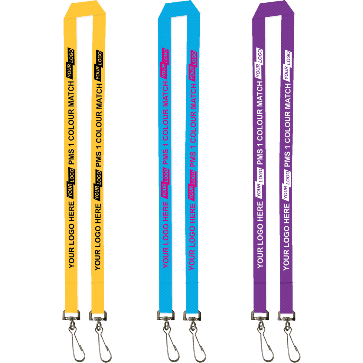 Several ribbed lanyards in yellow, blue, and purple, each with a double swivel hook and branding.