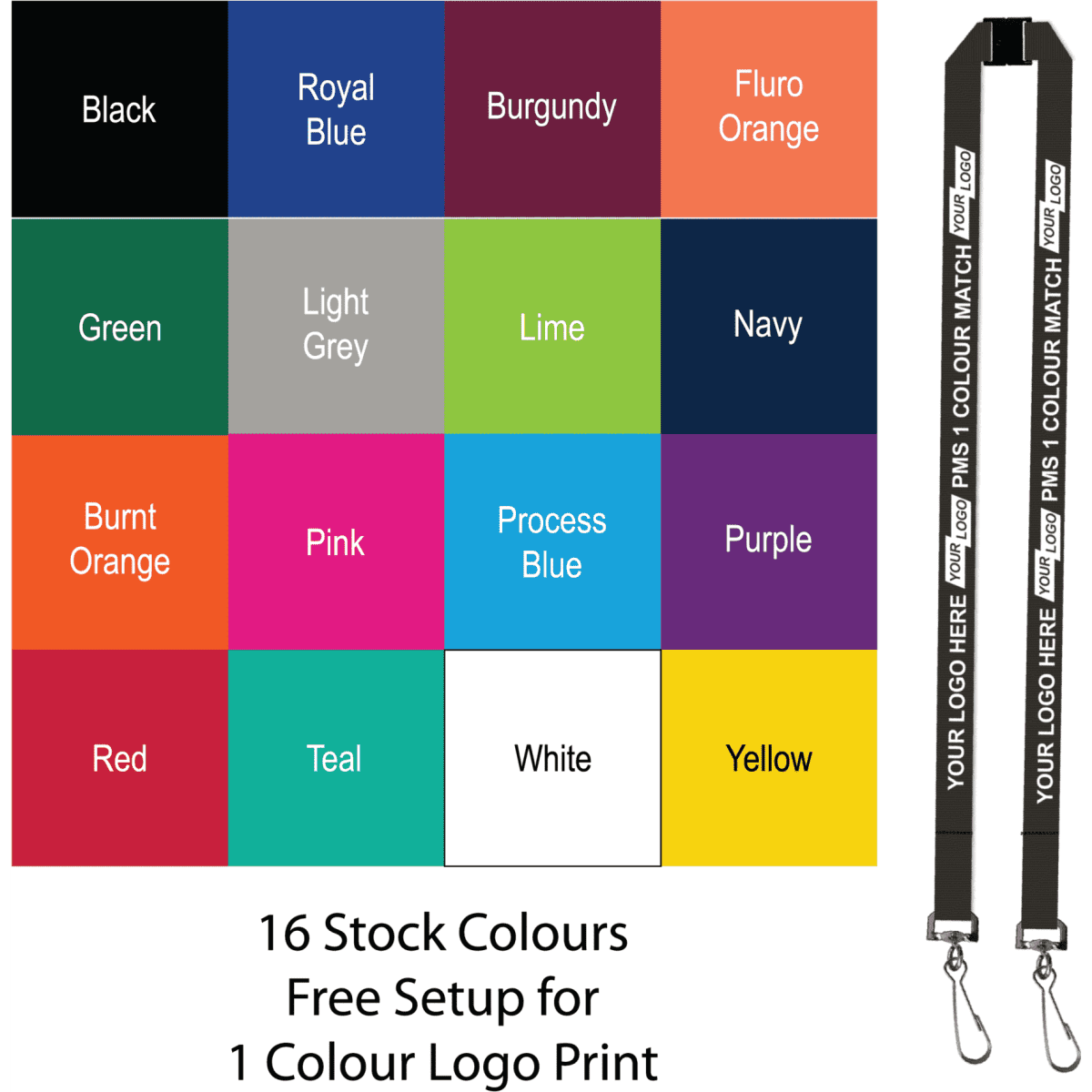 A display of 16 stock colours for lanyards, featuring a black lanyard with a swivel hook and branding space.