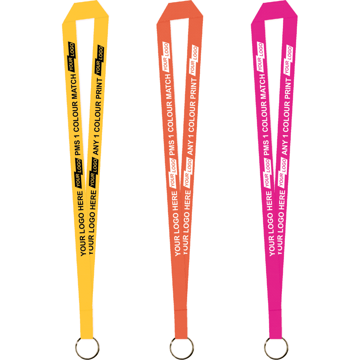 Three budget lanyards in yellow, orange, and pink, each featuring a keyring and a logo area for branding.