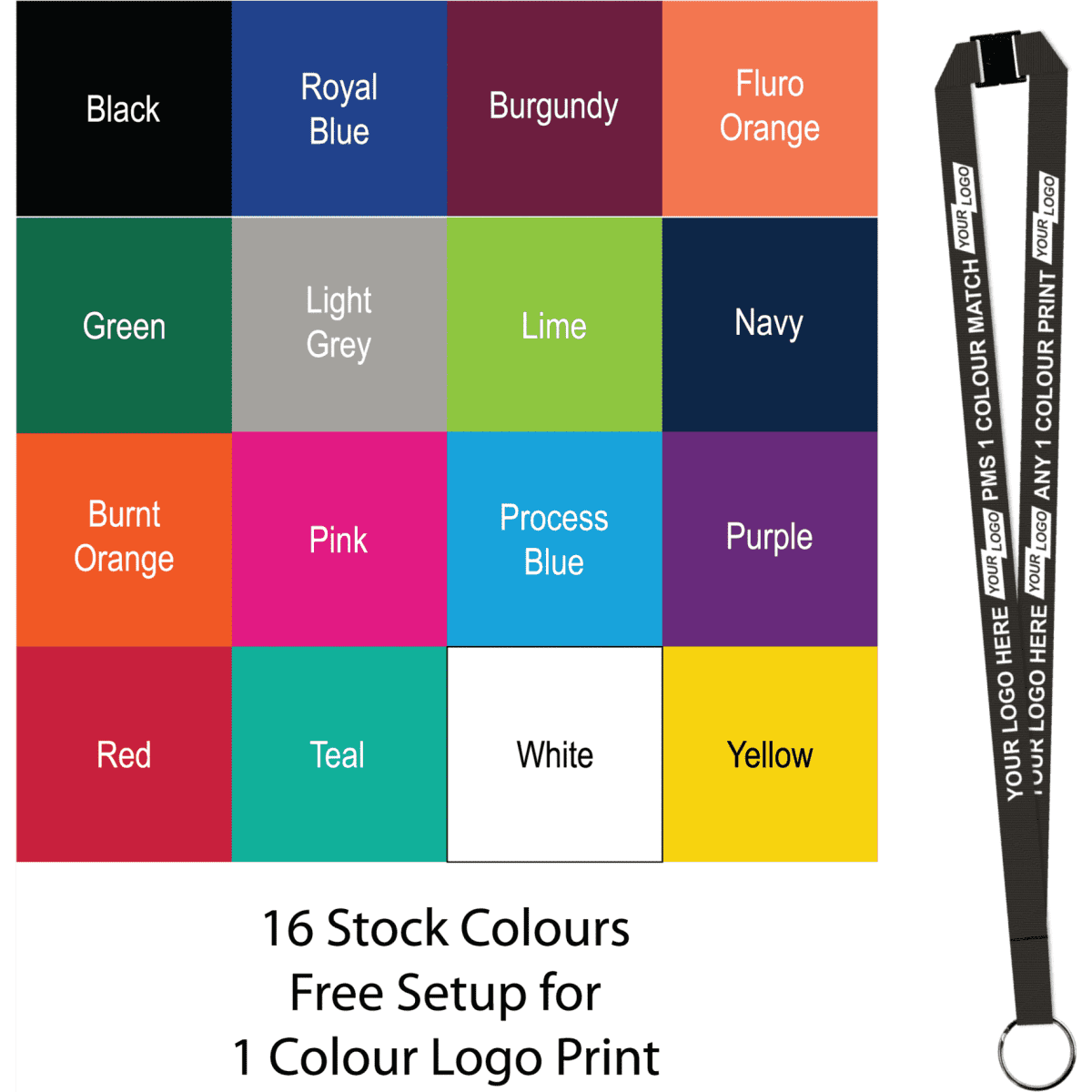A collection of 16 lanyard colour swatches featuring options like Black, Royal Blue, and Fluro Orange, alongside a printed lanyard with a logo.