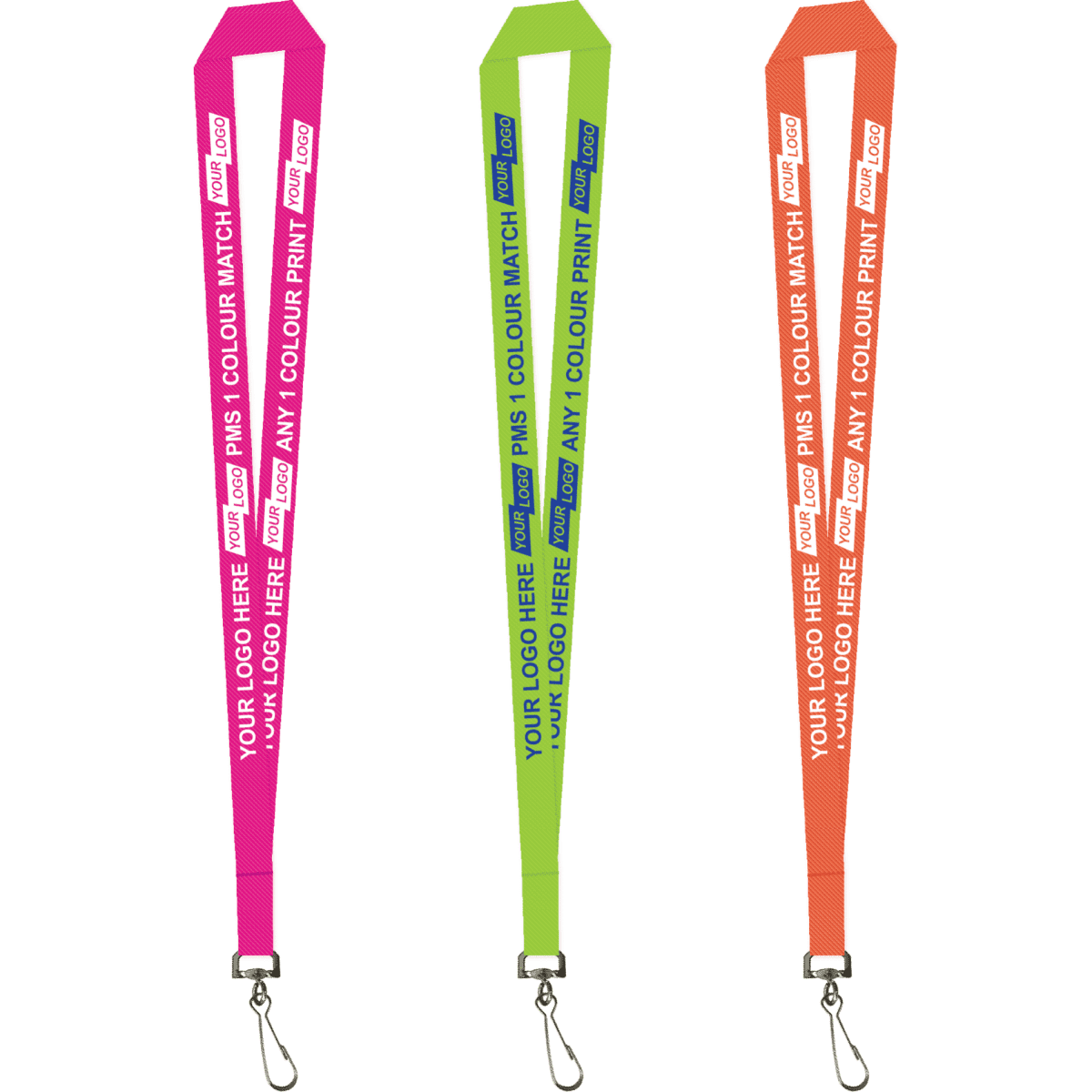 Three lanyards in pink, green, and orange, featuring a swivel hook and a logo on each.