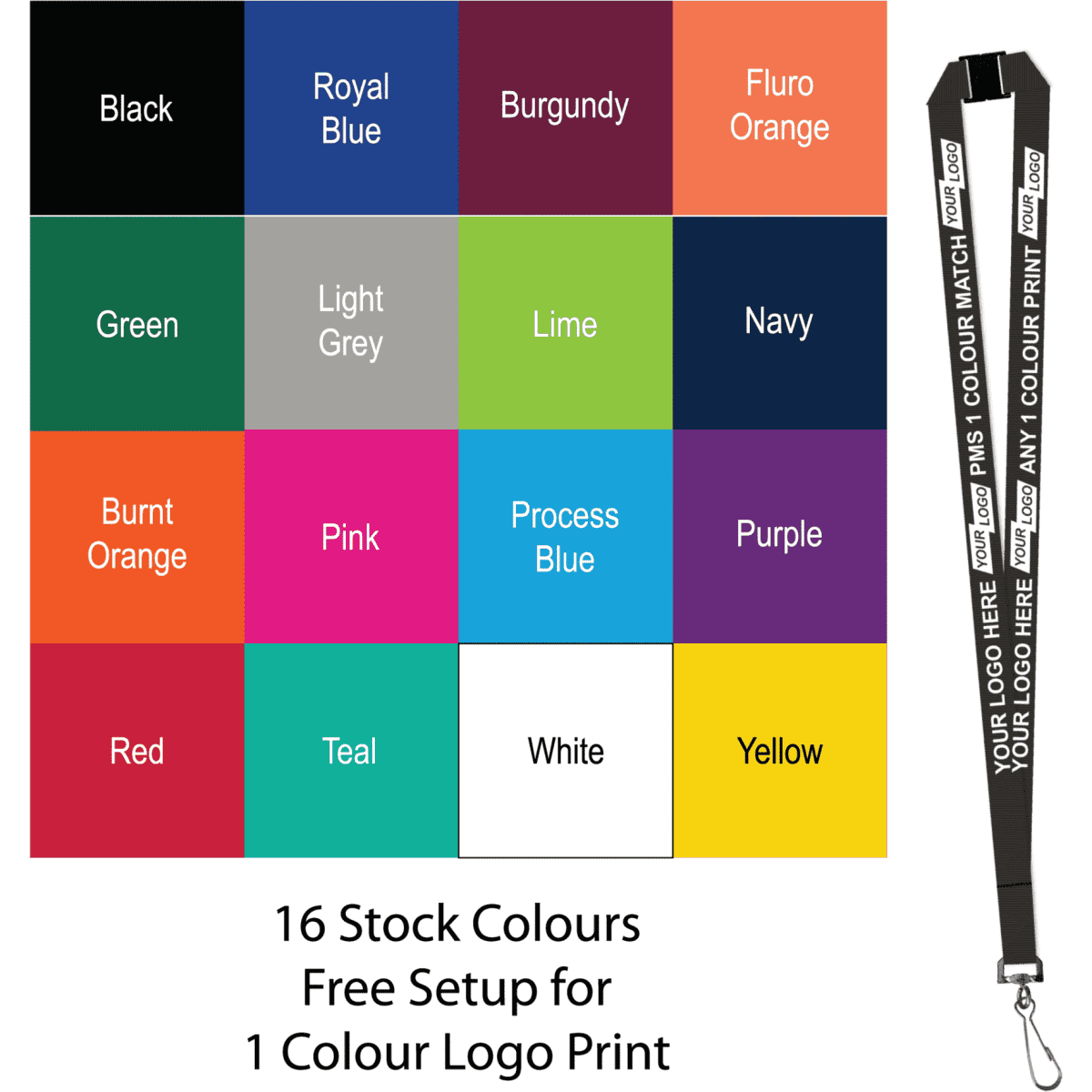 A variety of lanyard colours including black, royal blue, burgundy, and lime, with a swivel hook.