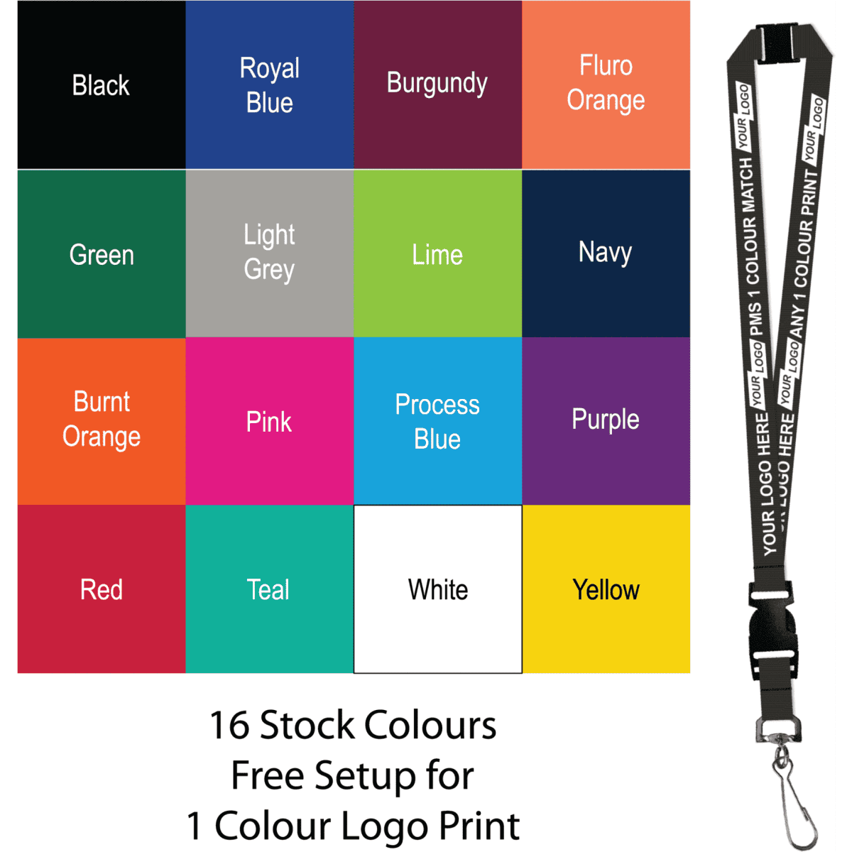 A lanyard featuring a swivel hook, available in various stock colours, with a branding area for a logo print.