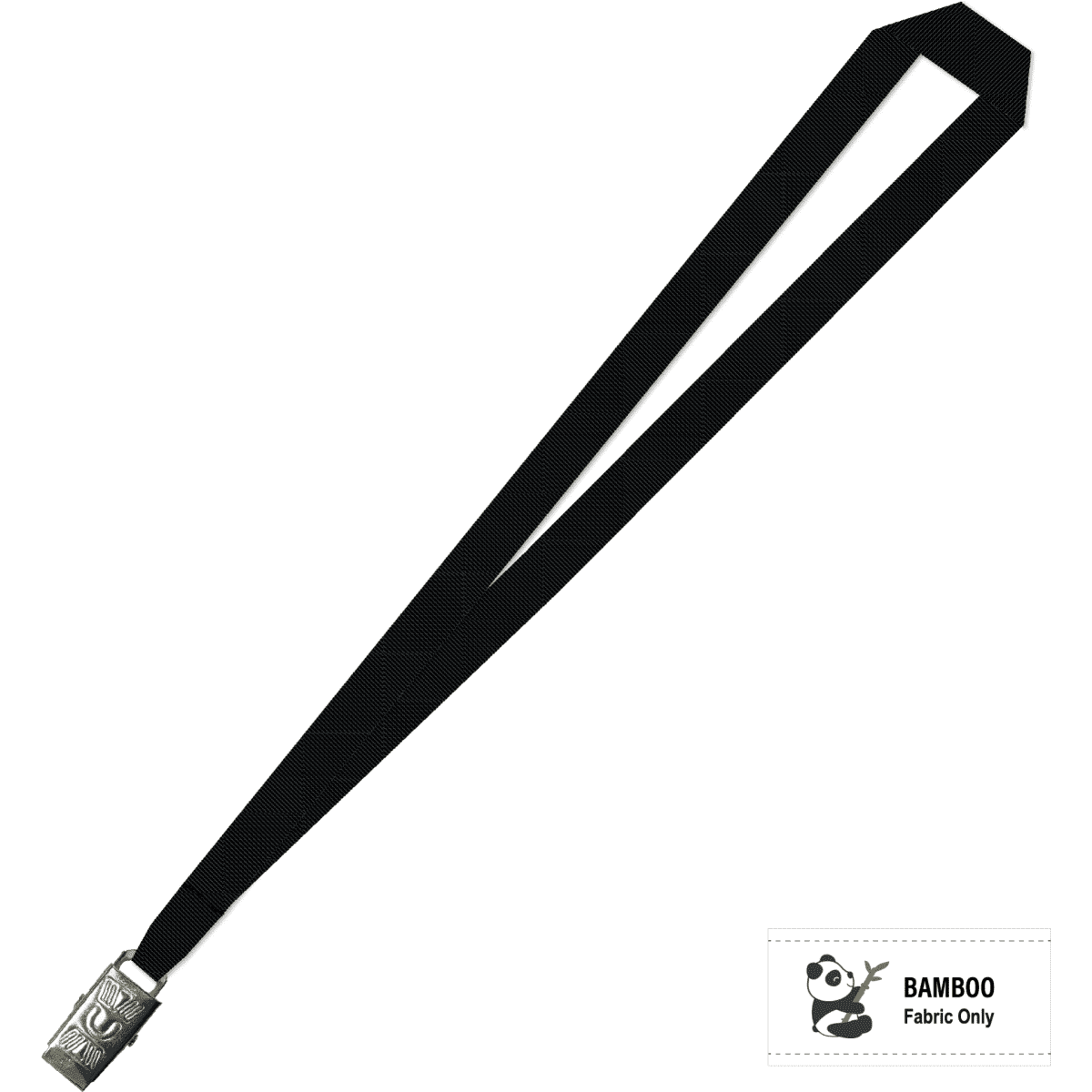 A black bamboo lanyard with a shiny alligator clip at one end. It features a logo branding.