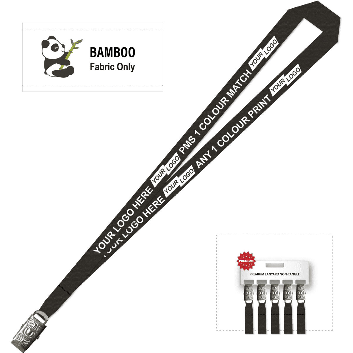 A black printed bamboo lanyard featuring an alligator clip and space for custom logos.