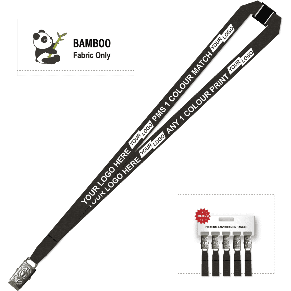 A bamboo lanyard in black, featuring an alligator clip and a logo, designed for promotional use.