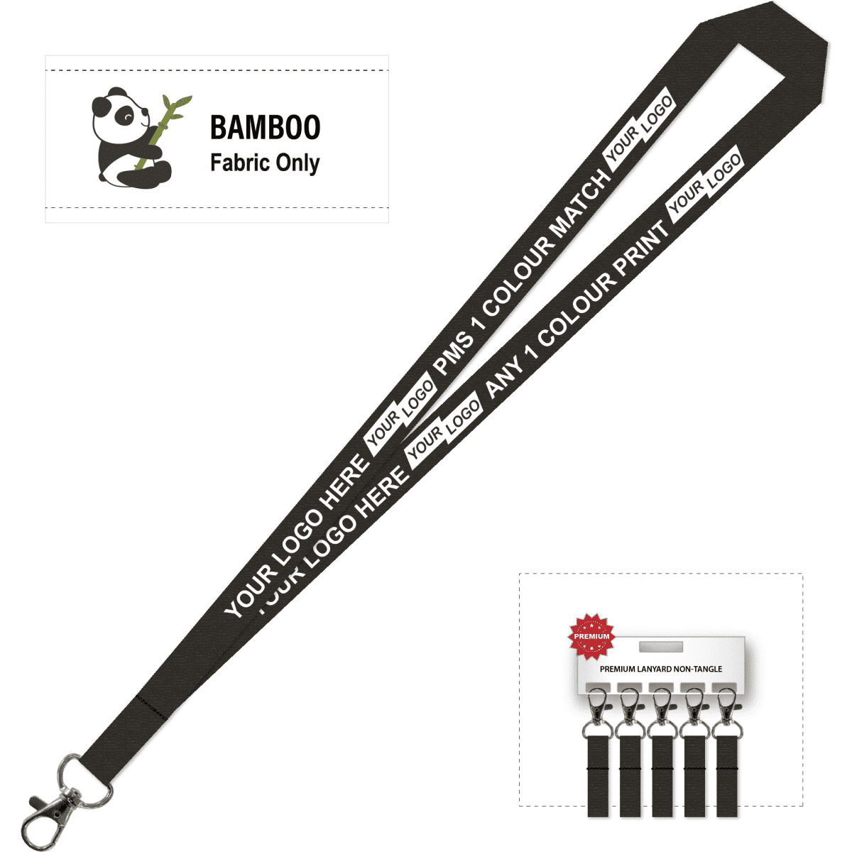 A black printed bamboo lanyard with a carabiner, featuring spaces for logos and a flat, adjustable design.