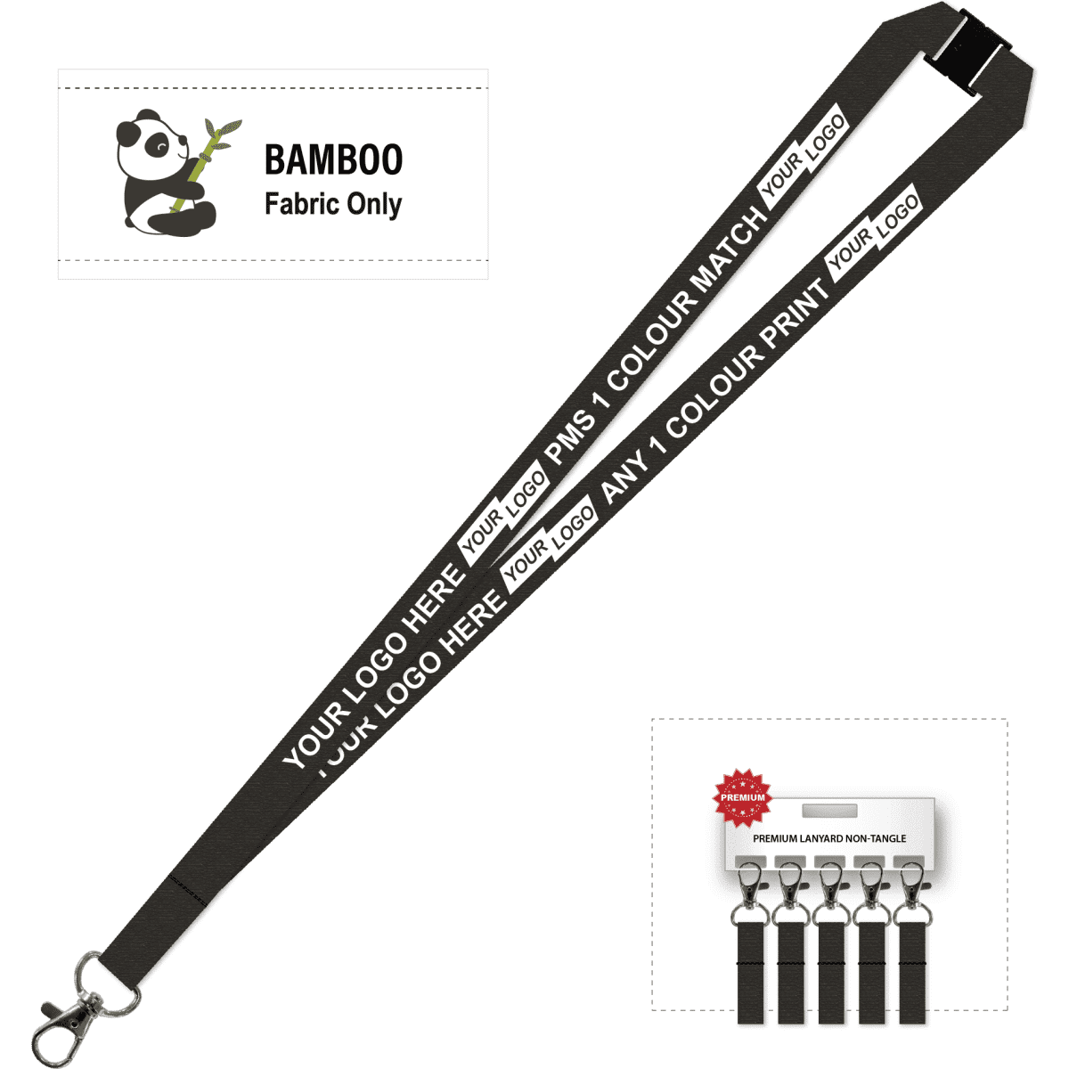 A black printed bamboo lanyard with a carabiner, featuring spaces for custom logos and text.