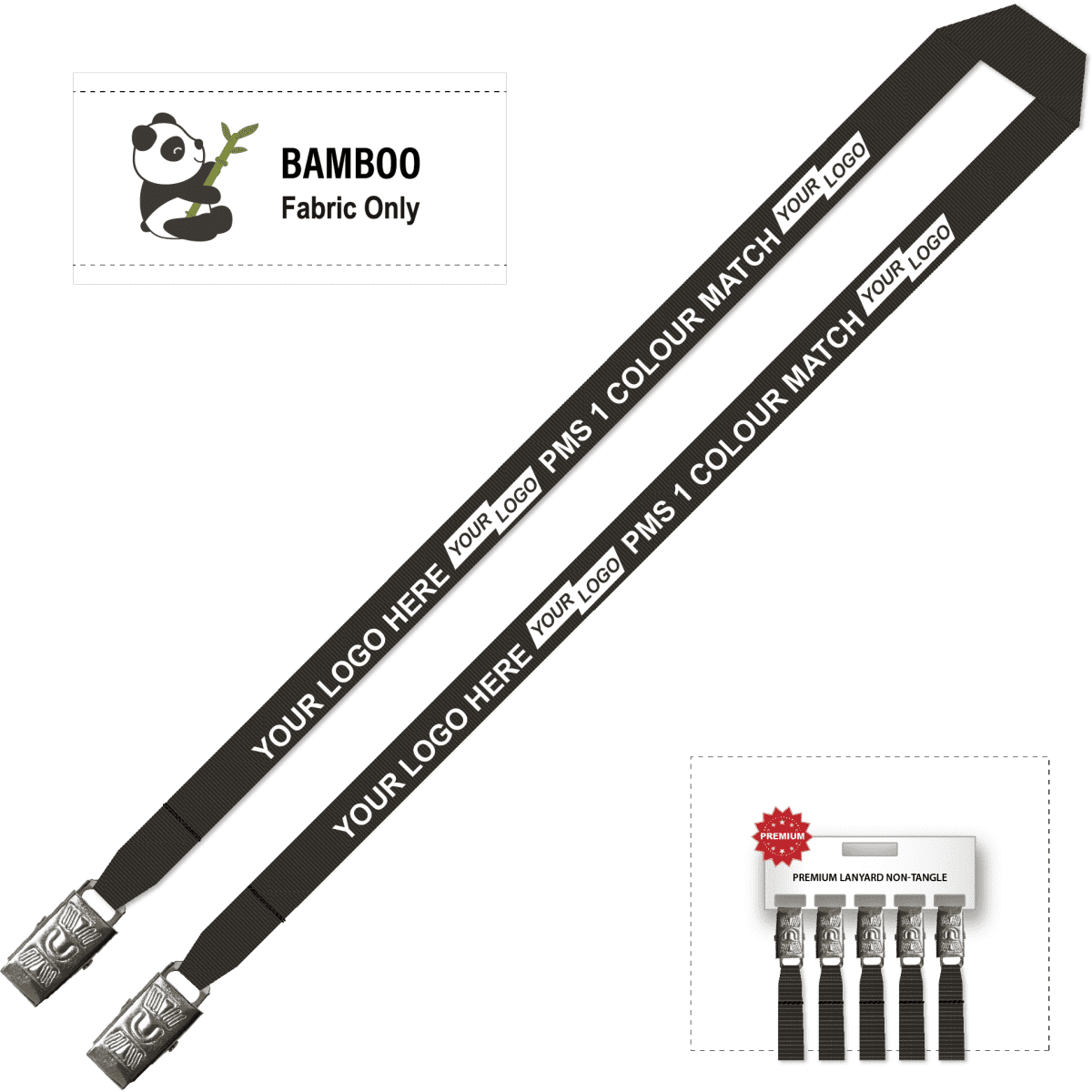 A printed bamboo lanyard in black, featuring double alligator clips and space for a logo.